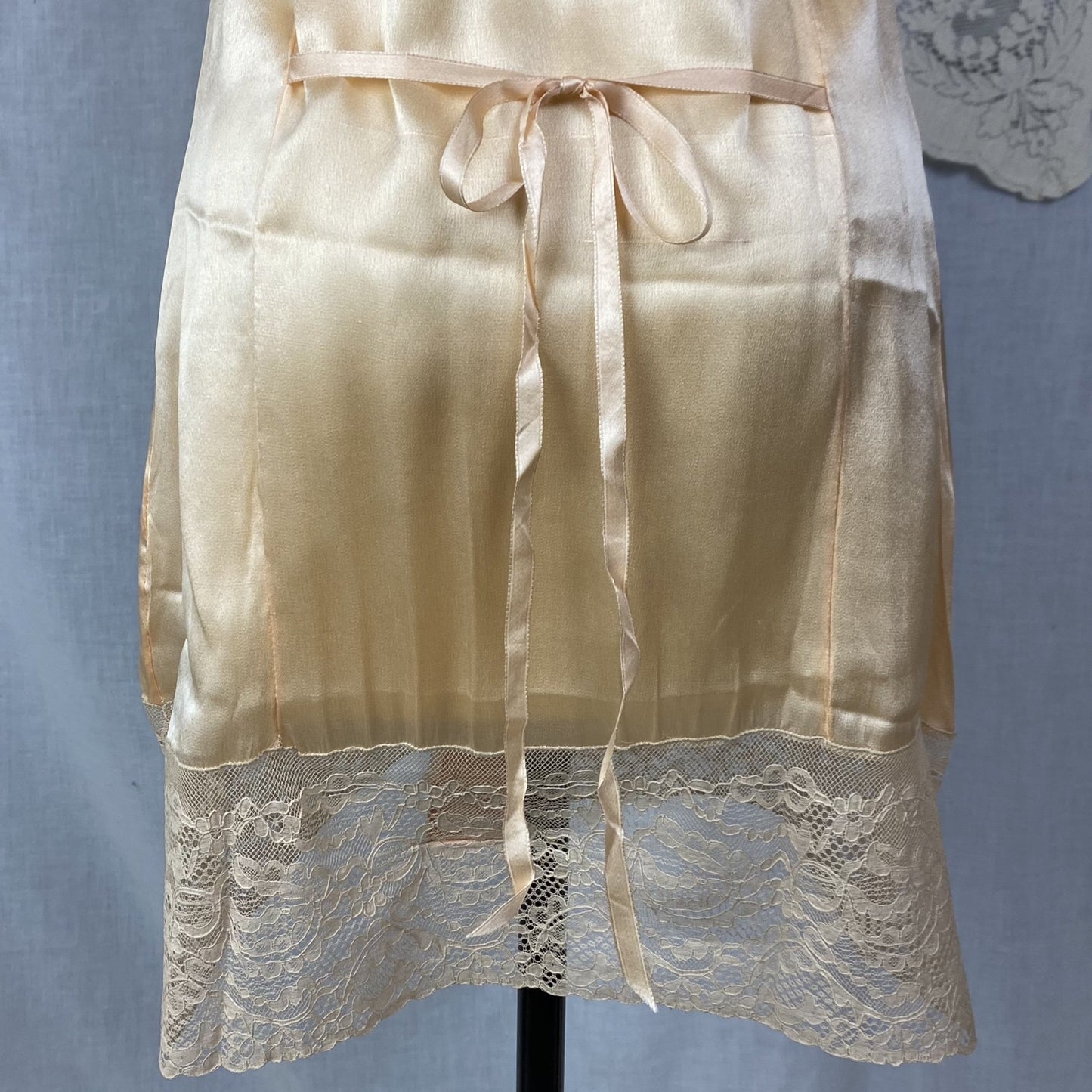 Antique 1920's Step In Chemise | Peach Silk Charmeuse with Embroidered Lace Tulle & Silk Rosette | Size XS, S | New Old Stock - Daggers & Dames