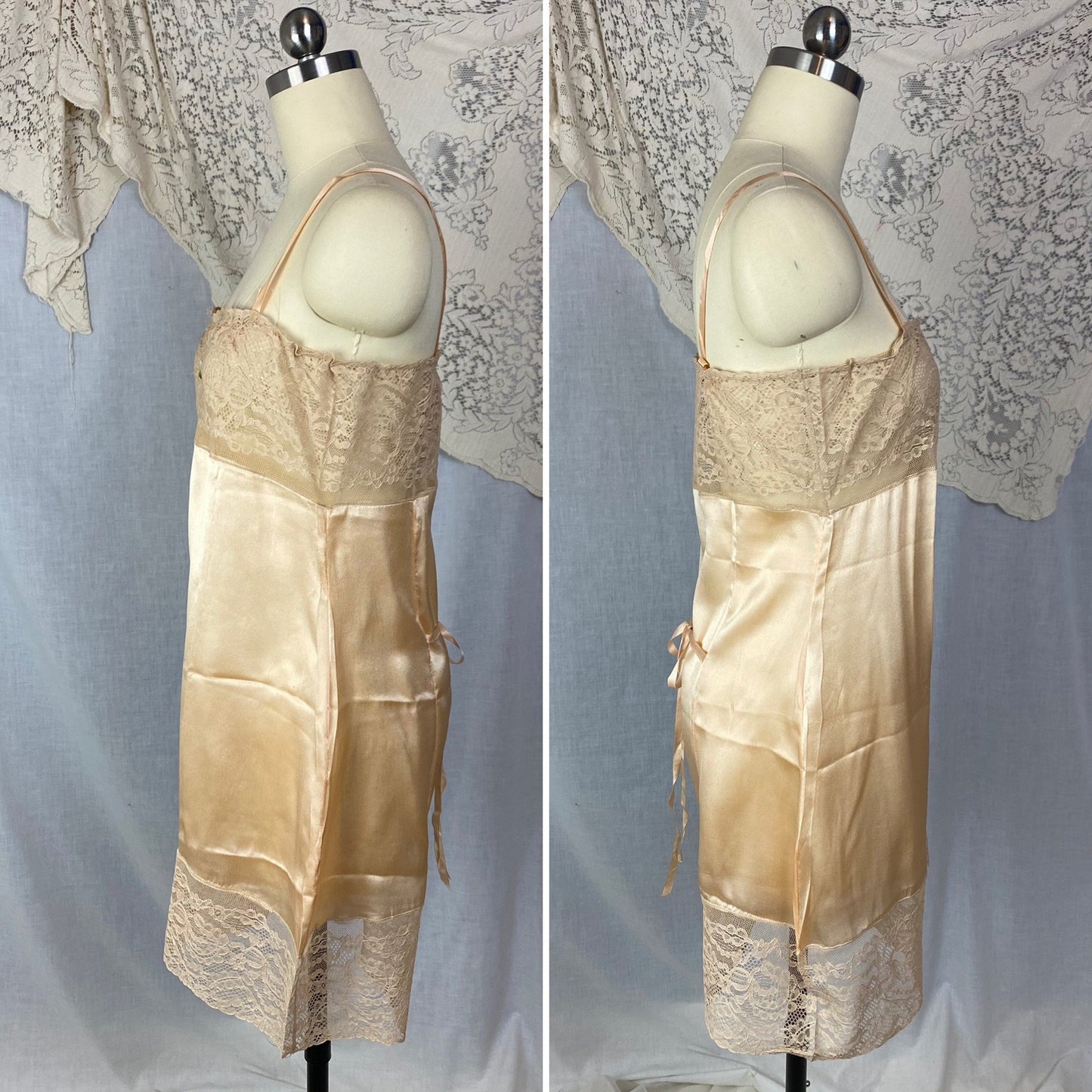 Antique 1920's Step In Chemise | Peach Silk Charmeuse with Embroidered Lace Tulle & Silk Rosette | Size XS, S | New Old Stock - Daggers & Dames