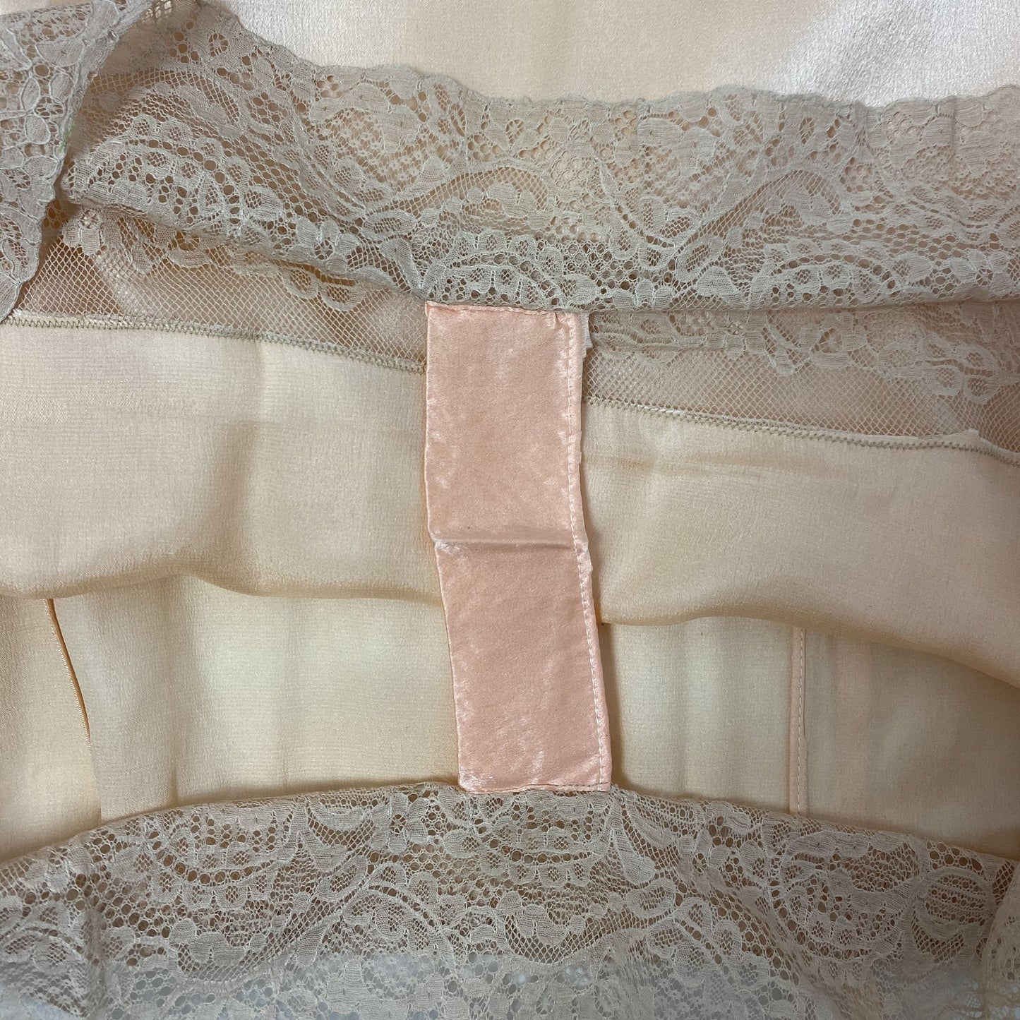 Antique 1920's Step In Chemise | Peach Silk Charmeuse with Embroidered Lace Tulle & Silk Rosette | Size XS, S | New Old Stock - Daggers & Dames