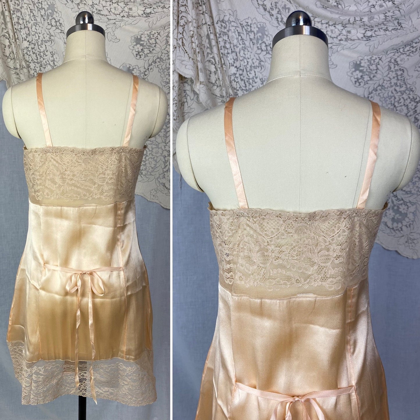 Antique 1920's Step In Chemise | Peach Silk Charmeuse with Embroidered Lace Tulle & Silk Rosette | Size XS, S | New Old Stock - Daggers & Dames