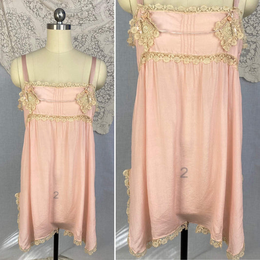 Antique 1920's Step-in Chemise | Petal Pink Silk with Cream Bobbin Lace Appliqués | Size 38 Bust, M, LG - Daggers & Dames