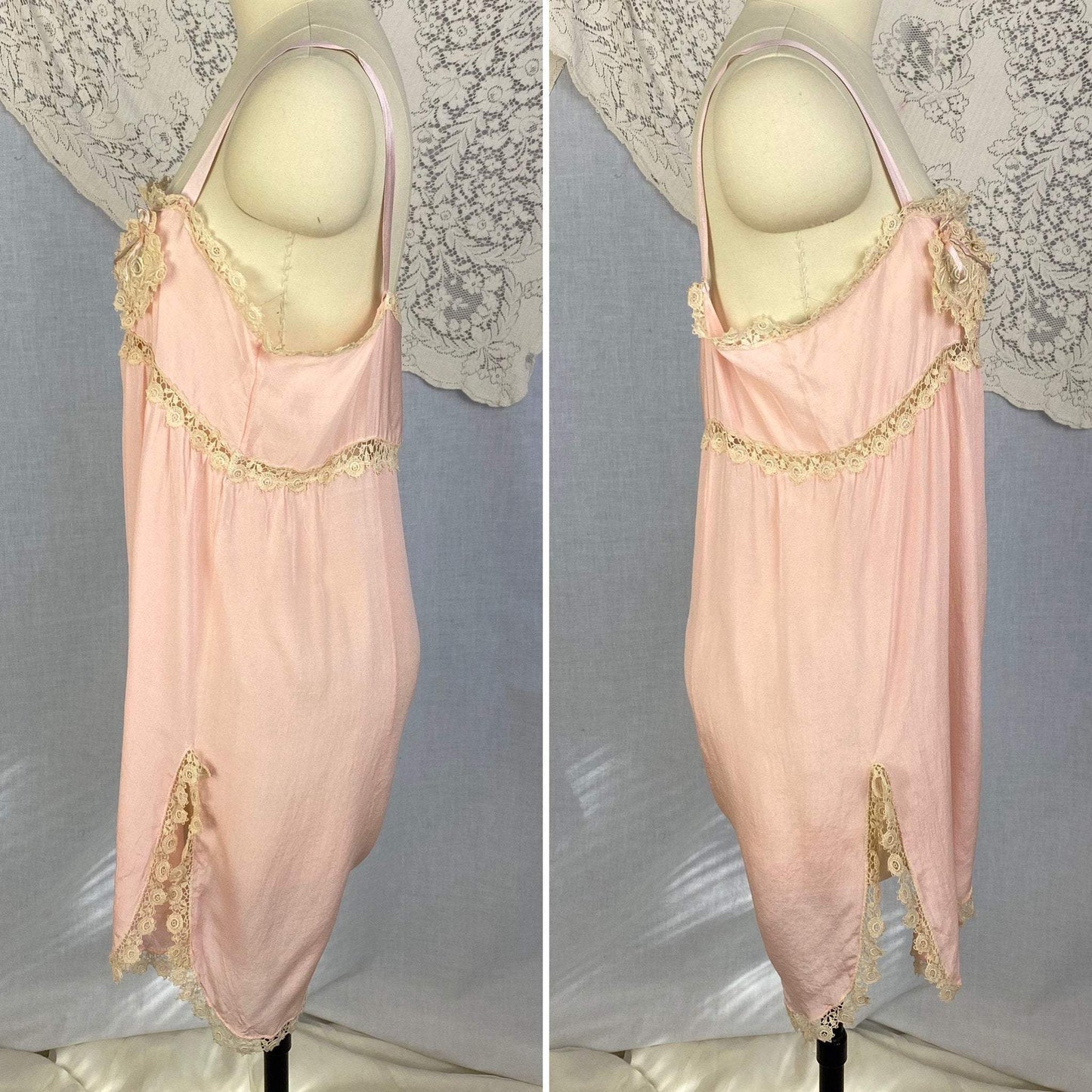 Antique 1920's Step-in Chemise | Petal Pink Silk with Cream Bobbin Lace Appliqués | Size 38 Bust, M, LG - Daggers & Dames