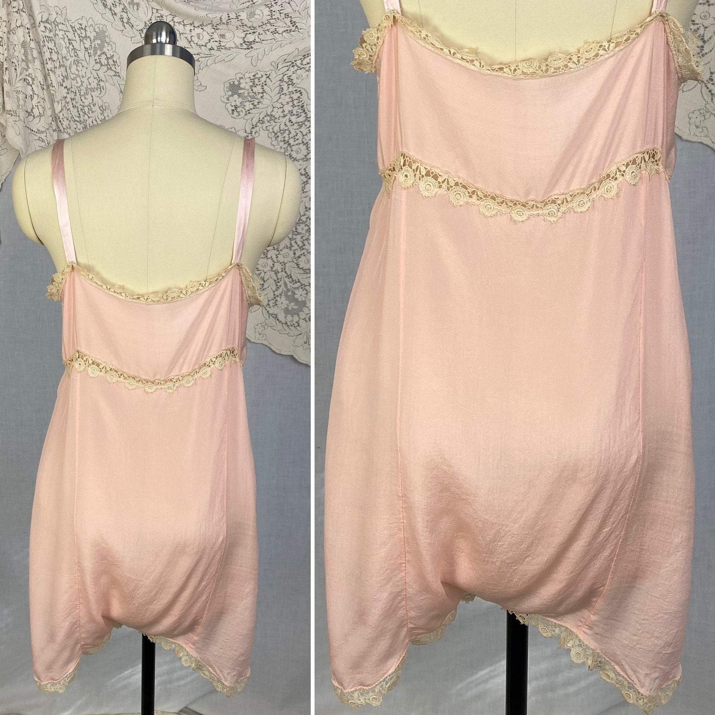 Antique 1920's Step-in Chemise | Petal Pink Silk with Cream Bobbin Lace Appliqués | Size 38 Bust, M, LG - Daggers & Dames