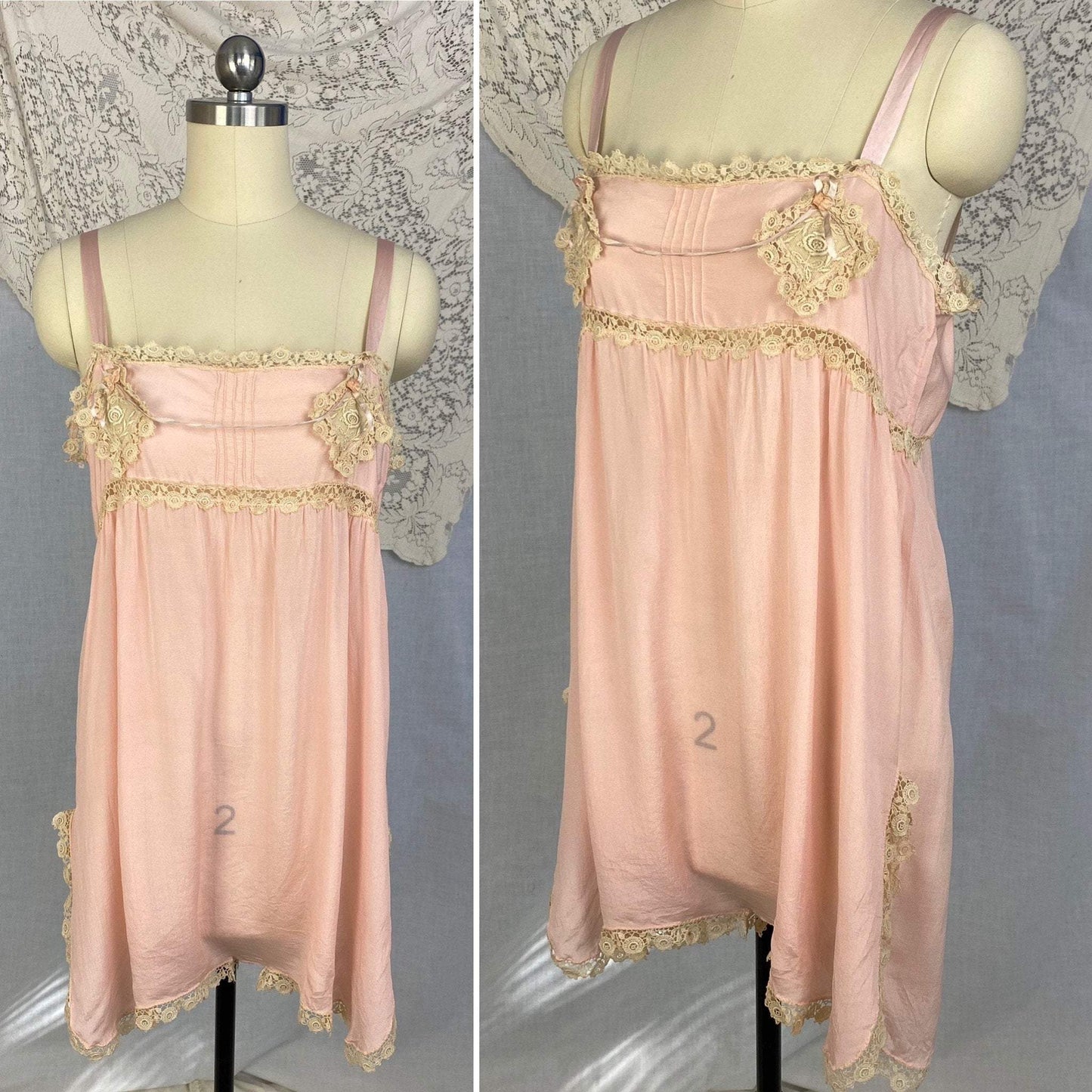 Antique 1920's Step-in Chemise | Petal Pink Silk with Cream Bobbin Lace Appliqués | Size 38 Bust, M, LG - Daggers & Dames