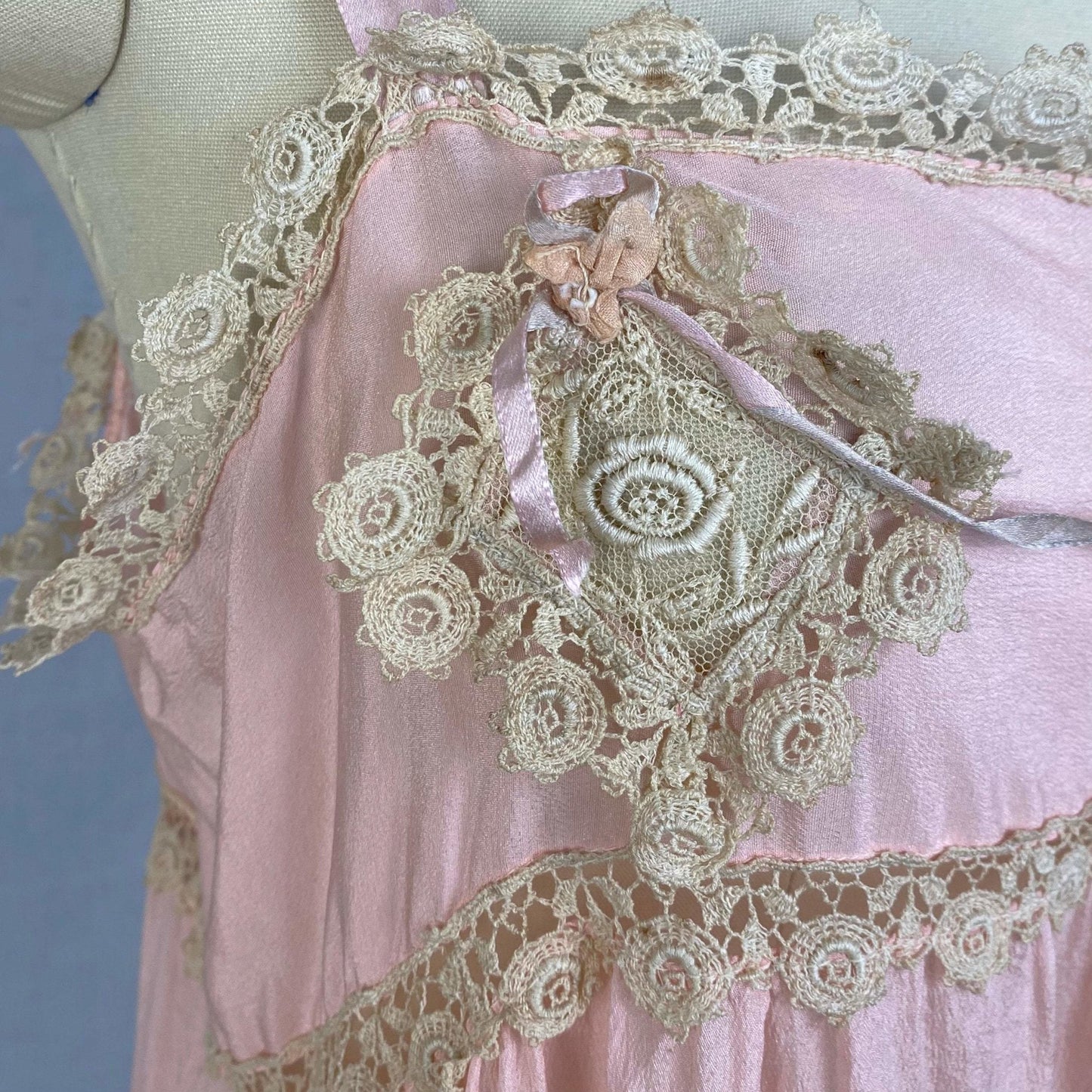 Antique 1920's Step-in Chemise | Petal Pink Silk with Cream Bobbin Lace Appliqués | Size 38 Bust, M, LG - Daggers & Dames