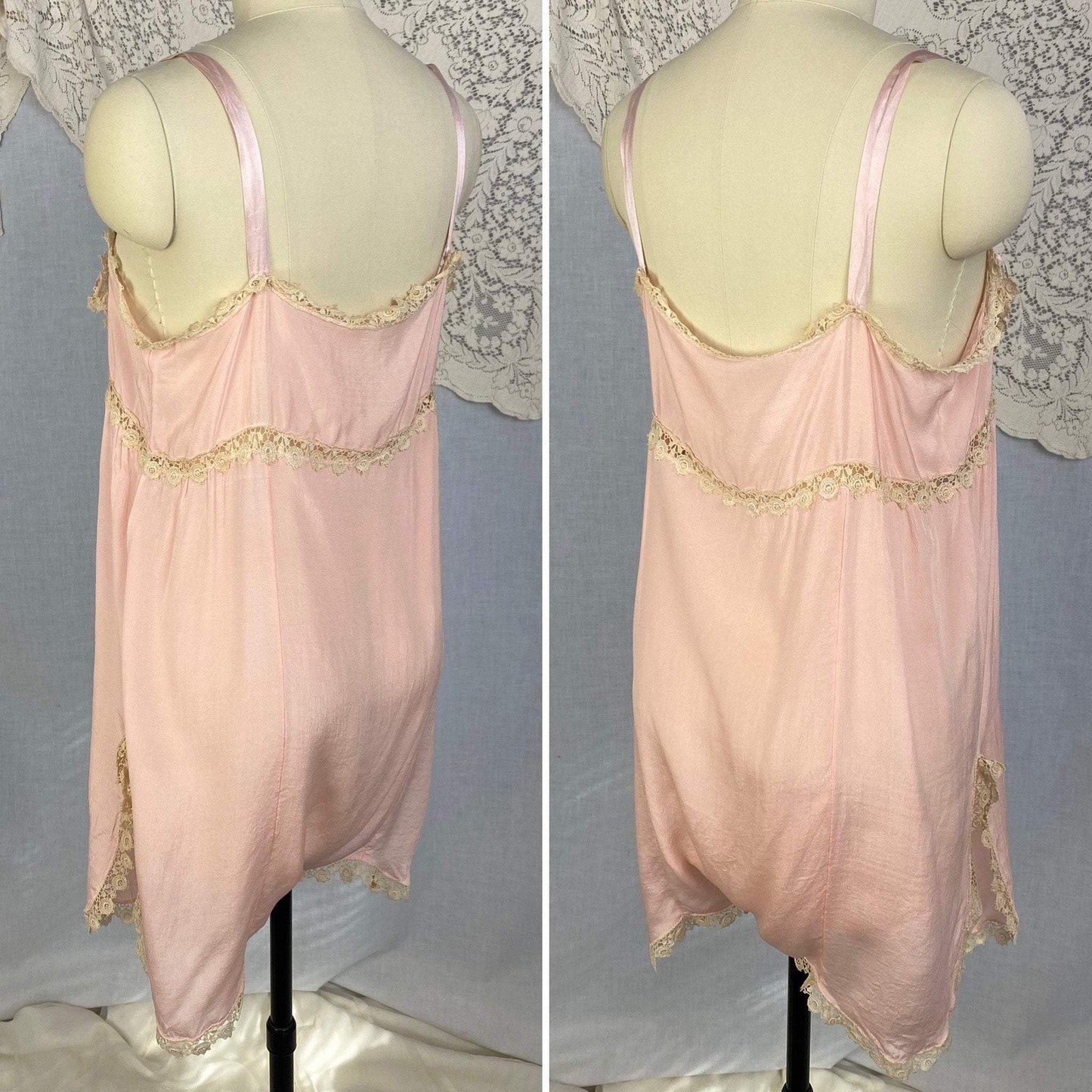 Antique 1920's Step-in Chemise | Petal Pink Silk with Cream Bobbin Lace Appliqués | Size 38 Bust, M, LG - Daggers & Dames