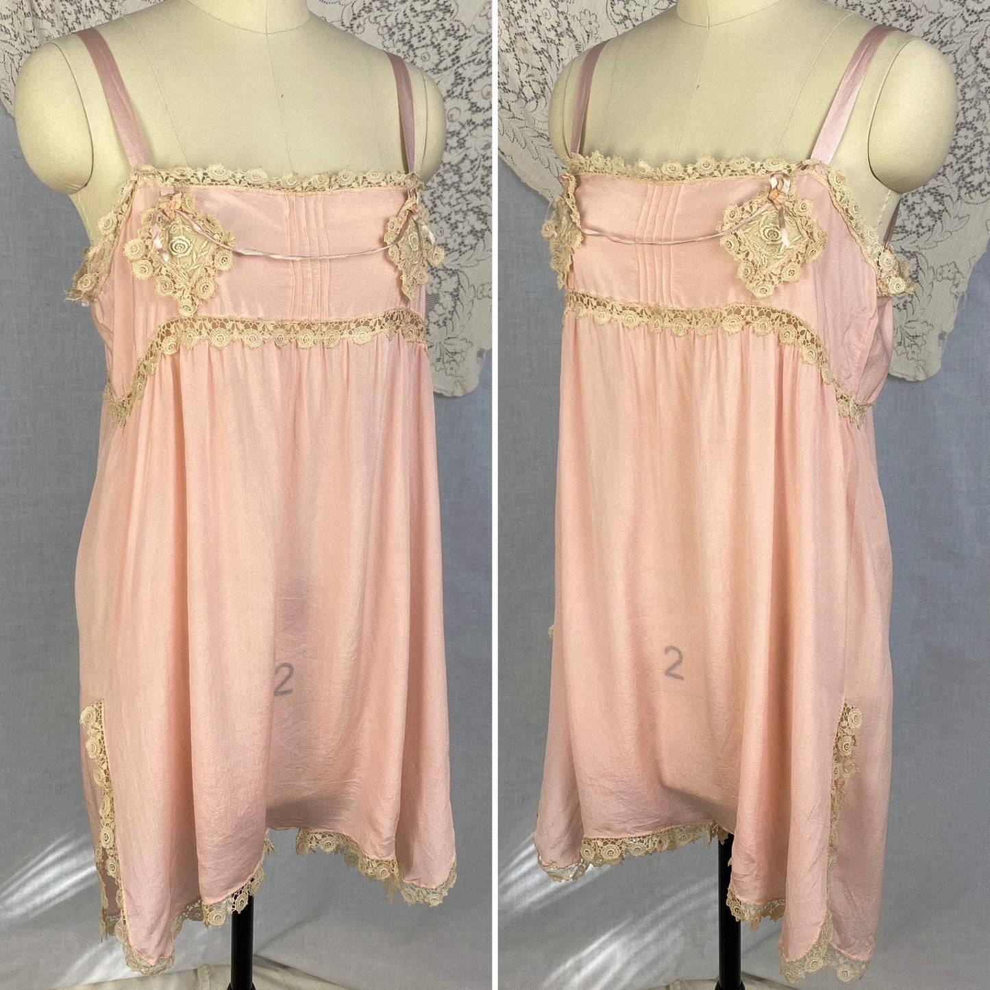 Antique 1920's Step-in Chemise | Petal Pink Silk with Cream Bobbin Lace Appliqués | Size 38 Bust, M, LG - Daggers & Dames