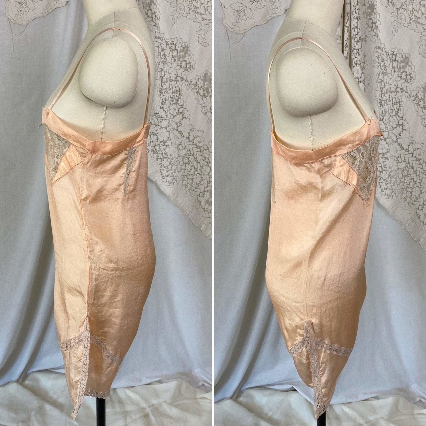 Antique 1920's Step-in Chemise | Rich Peach Silk Crepe with Nude Lace | Size XXS, XS | Never Worn - Daggers & Dames