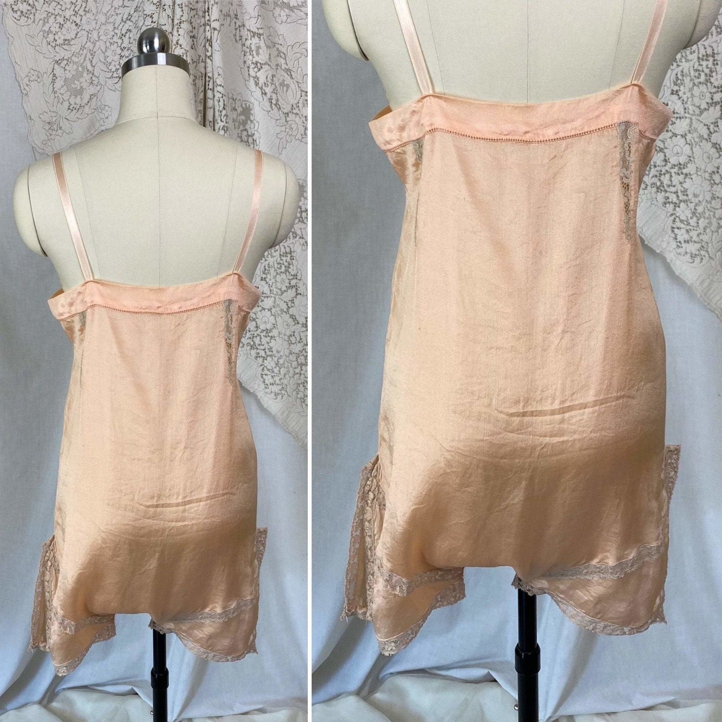 Antique 1920's Step-in Chemise | Rich Peach Silk Crepe with Nude Lace | Size XXS, XS | Never Worn - Daggers & Dames