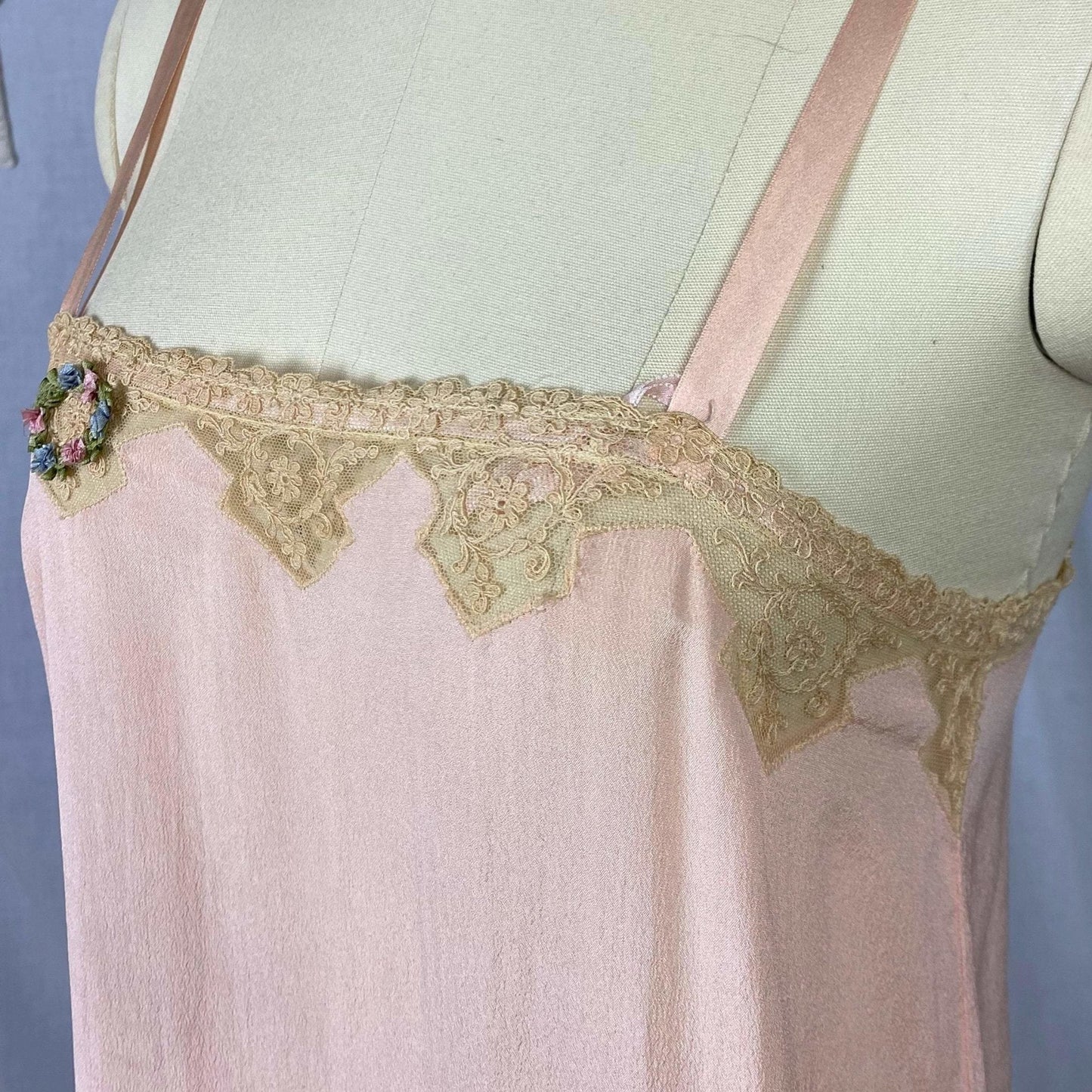 Antique 1920's Step In Chemise | Sheer Princess Pink Silk with Tambour Lace & Silk Rosettes | Size 32-34 Bust, XS/S | Never Worn - Daggers & Dames