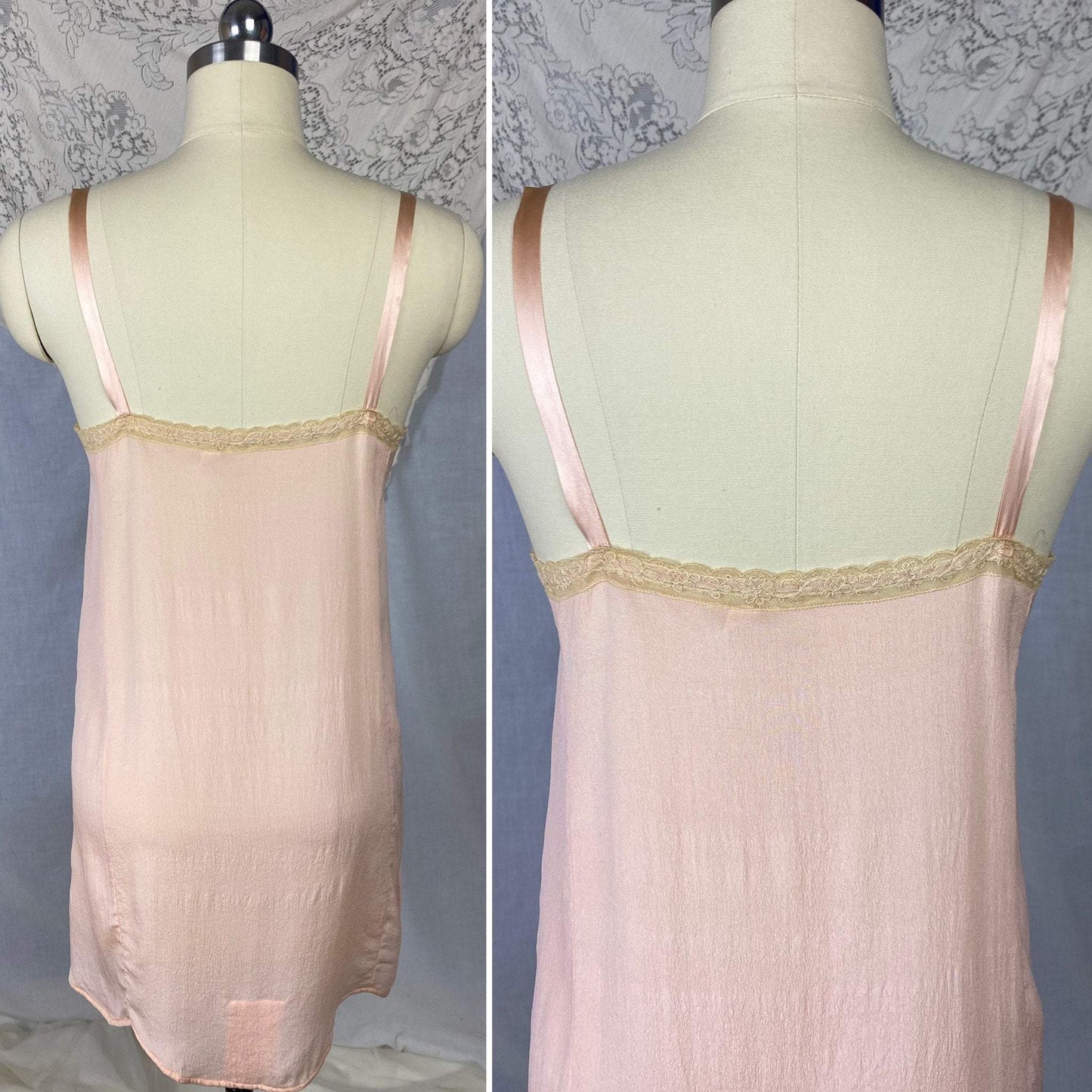 Antique 1920's Step In Chemise | Sheer Princess Pink Silk with Tambour Lace & Silk Rosettes | Size 32-34 Bust, XS/S | Never Worn - Daggers & Dames