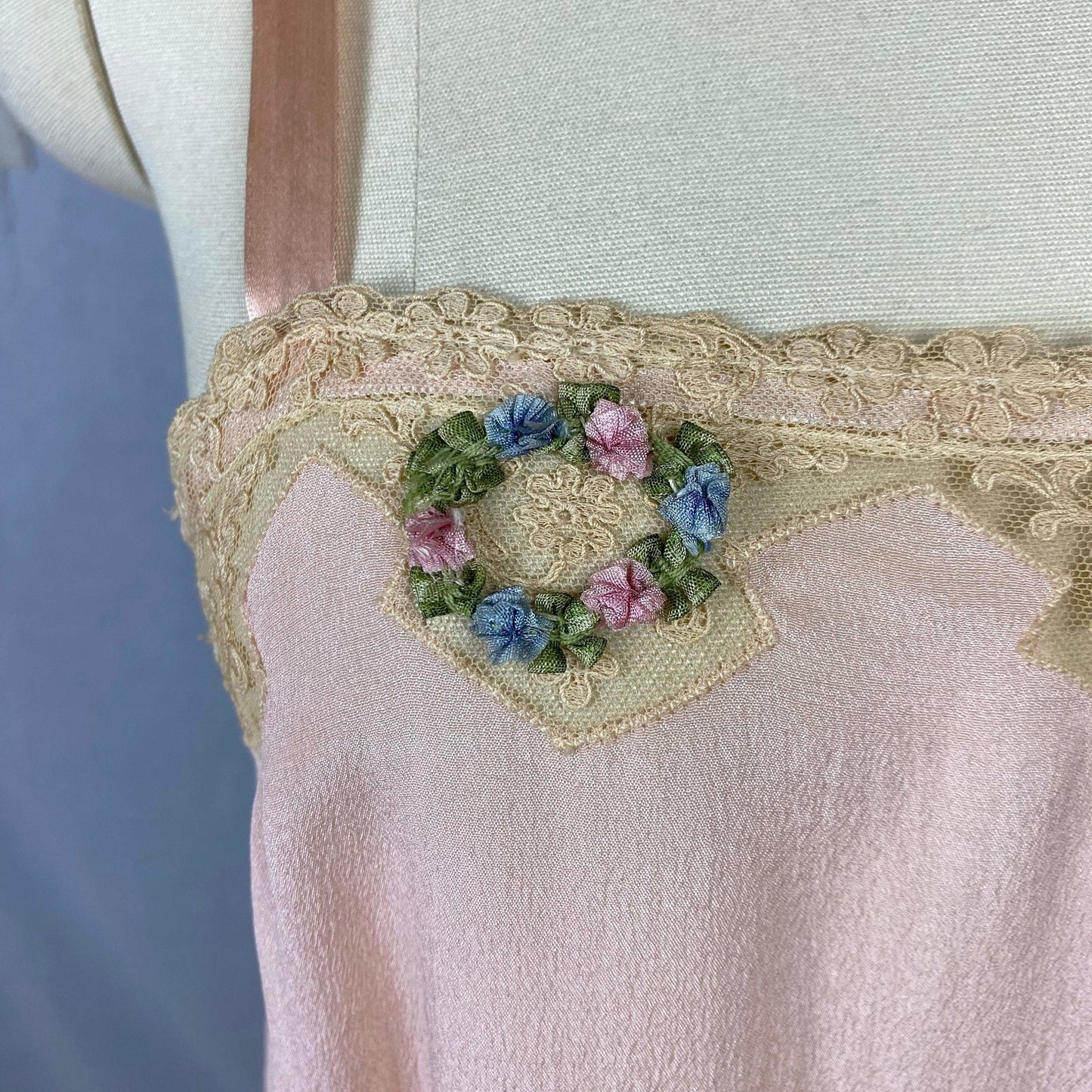 Antique 1920's Step In Chemise | Sheer Princess Pink Silk with Tambour Lace & Silk Rosettes | Size 32-34 Bust, XS/S | Never Worn - Daggers & Dames