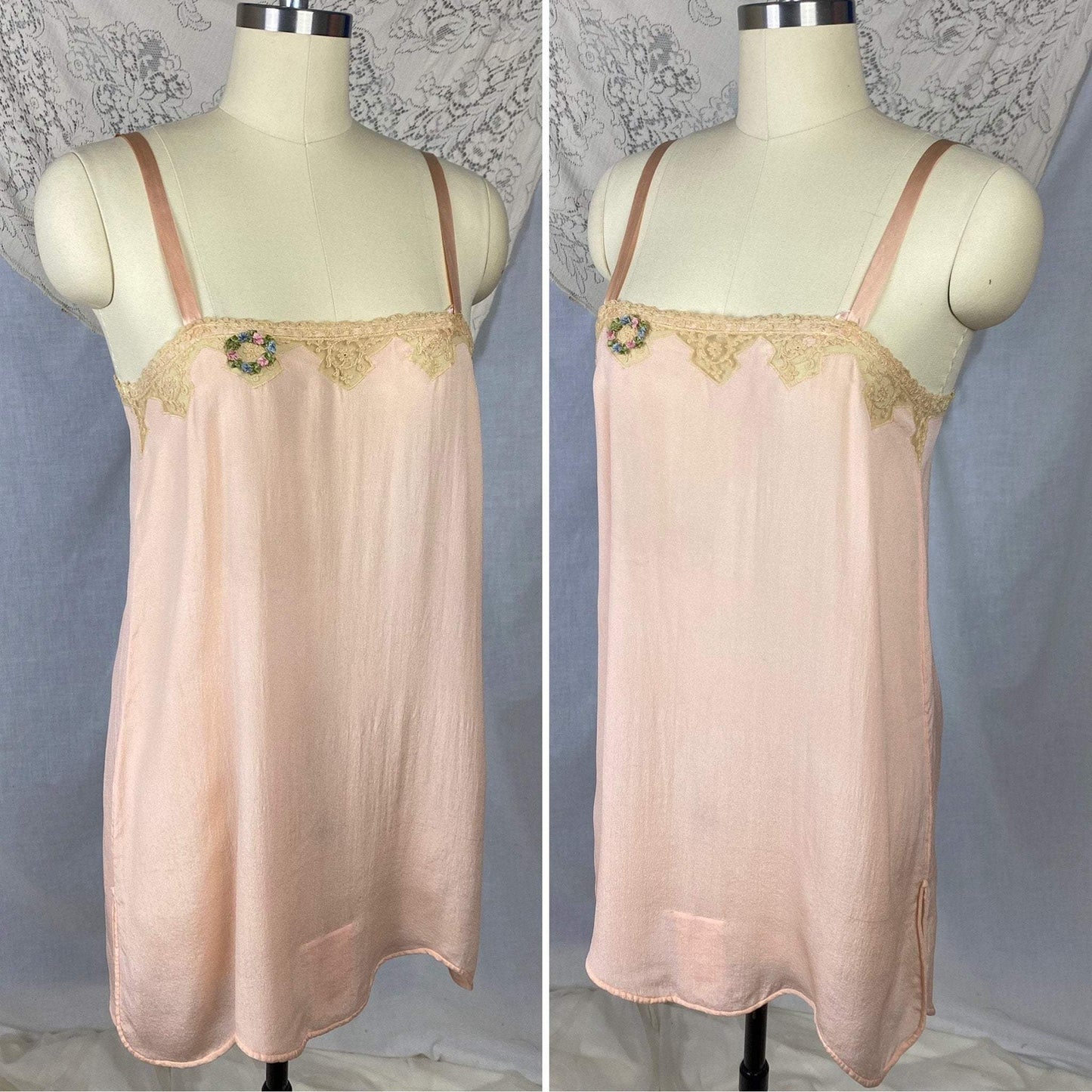 Antique 1920's Step In Chemise | Sheer Princess Pink Silk with Tambour Lace & Silk Rosettes | Size 32-34 Bust, XS/S | Never Worn - Daggers & Dames