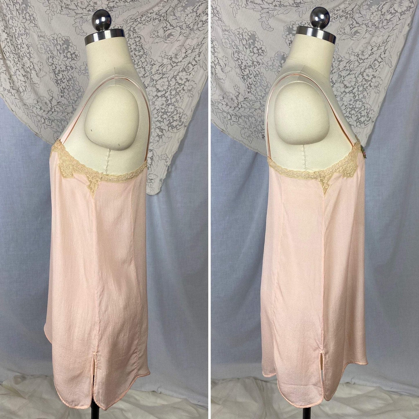 Antique 1920's Step In Chemise | Sheer Princess Pink Silk with Tambour Lace & Silk Rosettes | Size 32-34 Bust, XS/S | Never Worn - Daggers & Dames
