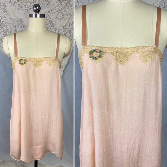 Antique 1920's Step In Chemise | Sheer Princess Pink Silk with Tambour Lace & Silk Rosettes | Size 32-34 Bust, XS/S | Never Worn - Daggers & Dames