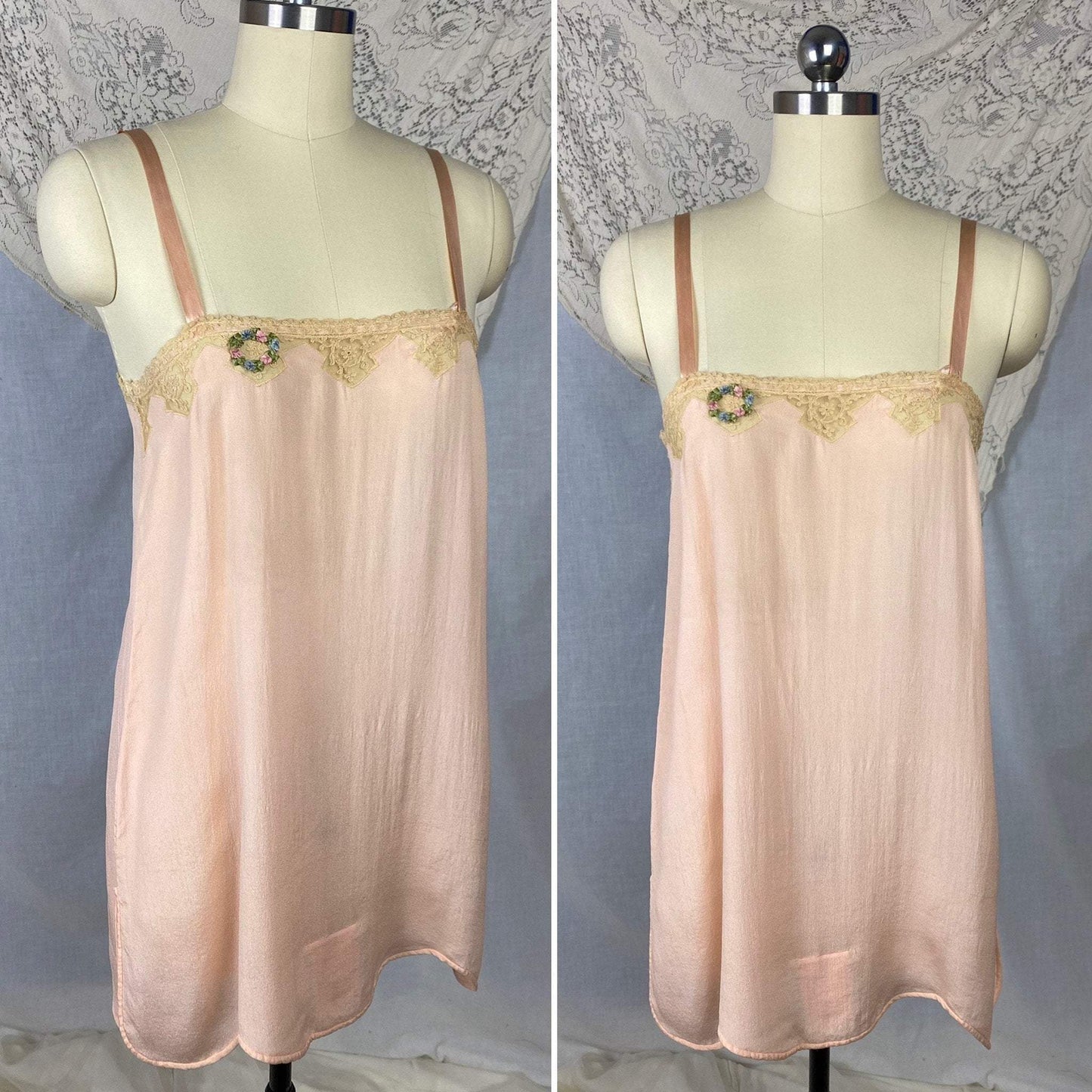 Antique 1920's Step In Chemise | Sheer Princess Pink Silk with Tambour Lace & Silk Rosettes | Size 32-34 Bust, XS/S | Never Worn - Daggers & Dames