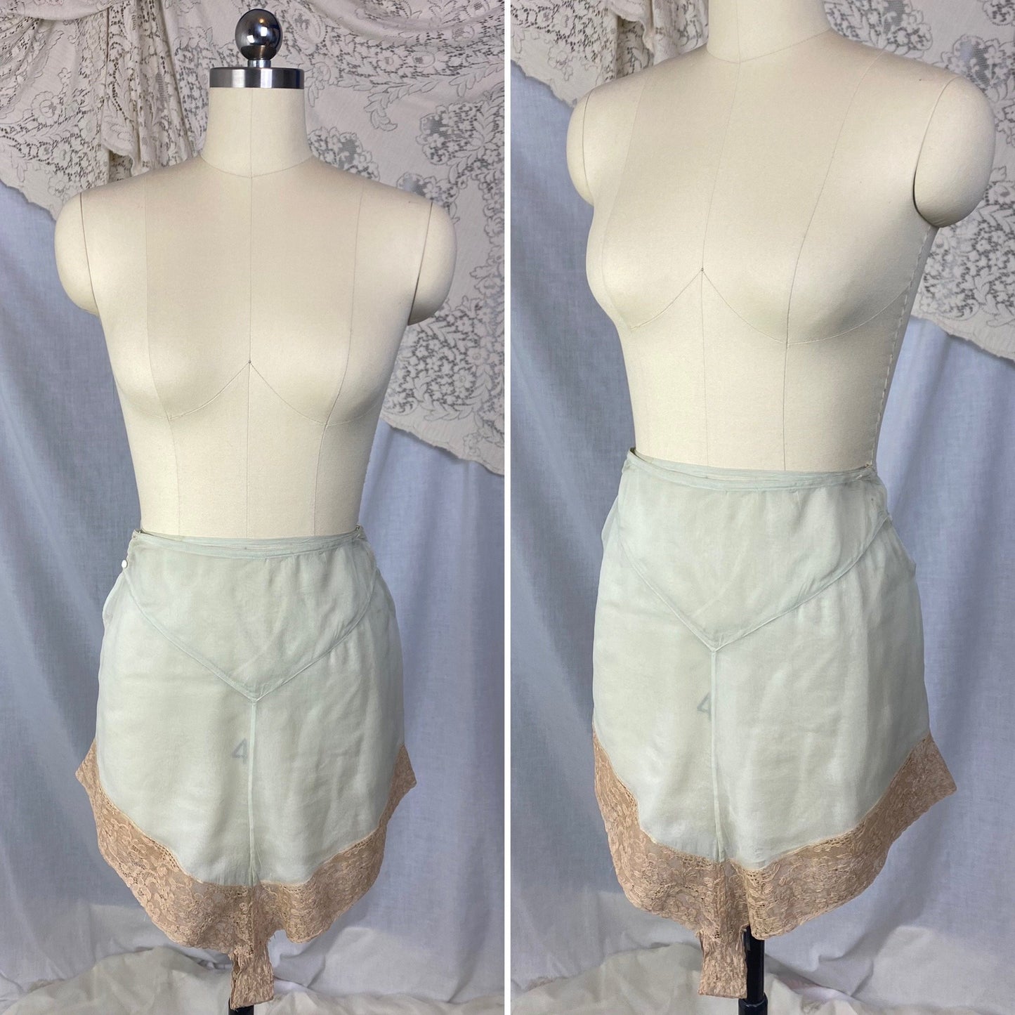 Antique 1920's Tap Pants | Sheer Mint Green Silk Chiffon with Deep Nude Lace & Double Side Button Closure | Size XXS, XS - Daggers & Dames