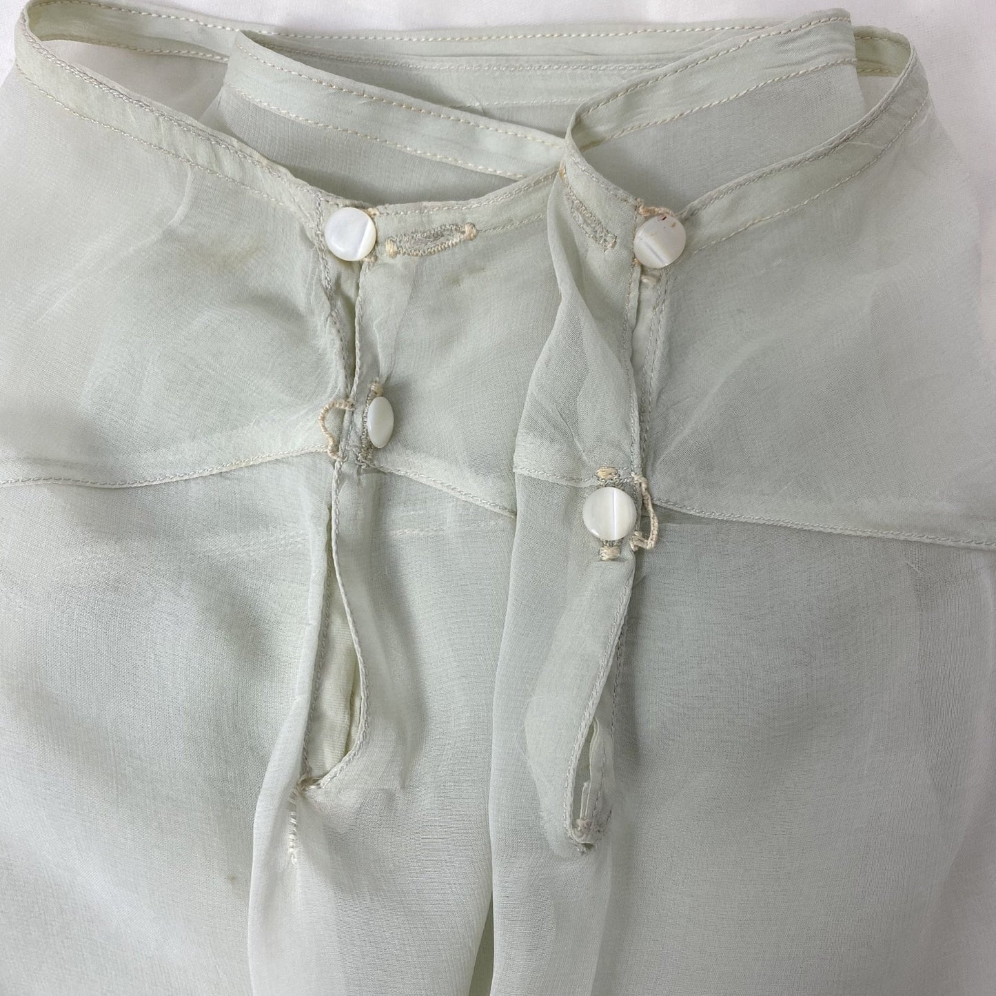 Antique 1920's Tap Pants | Sheer Mint Green Silk Chiffon with Deep Nude Lace & Double Side Button Closure | Size XXS, XS - Daggers & Dames