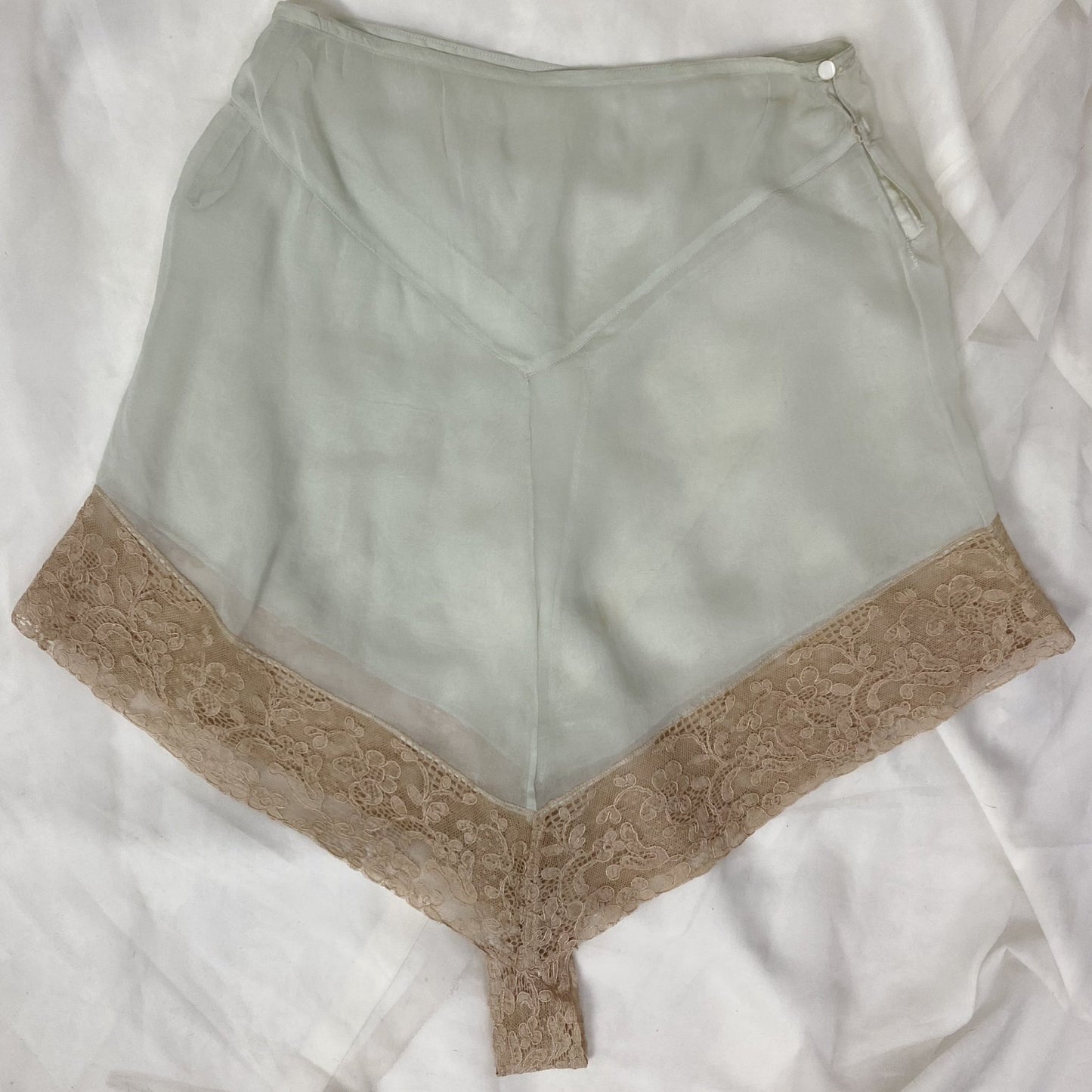 Antique 1920's Tap Pants | Sheer Mint Green Silk Chiffon with Deep Nude Lace & Double Side Button Closure | Size XXS, XS - Daggers & Dames
