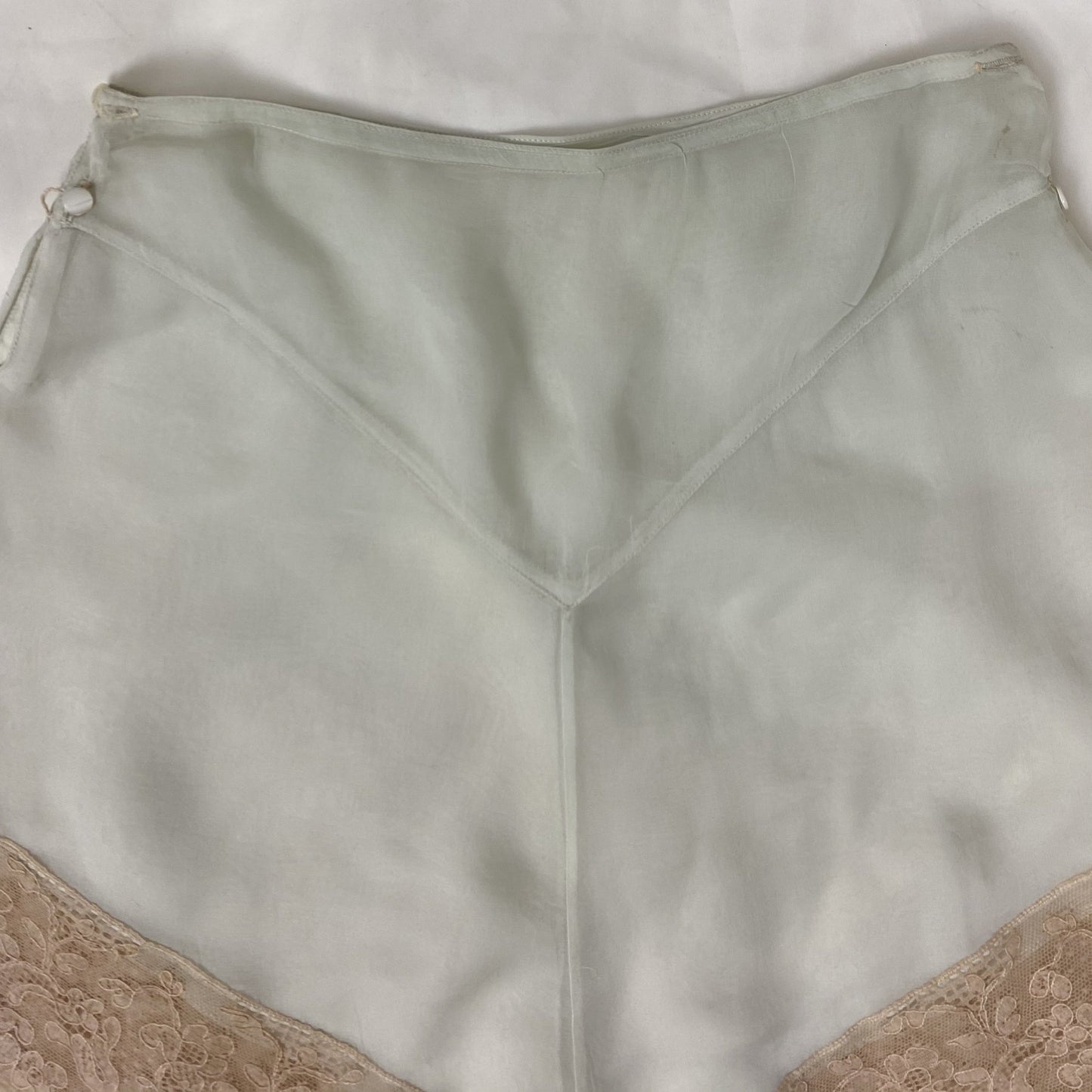 Antique 1920's Tap Pants | Sheer Mint Green Silk Chiffon with Deep Nude Lace & Double Side Button Closure | Size XXS, XS - Daggers & Dames