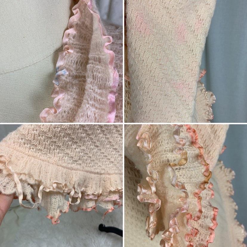 Antique 1920's Wrap Robe | Size MED | Powder Pink Knitted Wool with Silk Ribbon Ruffles | Tecla Melliz - Florence, Italy - Daggers & Dames