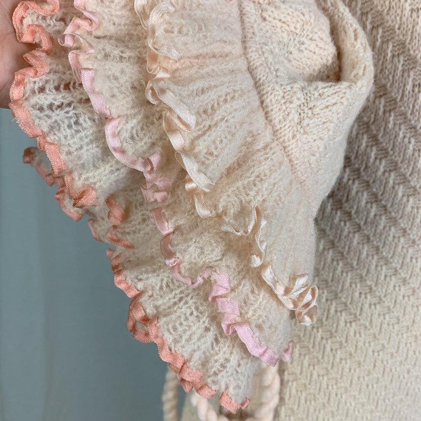 Antique 1920's Wrap Robe | Size MED | Powder Pink Knitted Wool with Silk Ribbon Ruffles | Tecla Melliz - Florence, Italy - Daggers & Dames