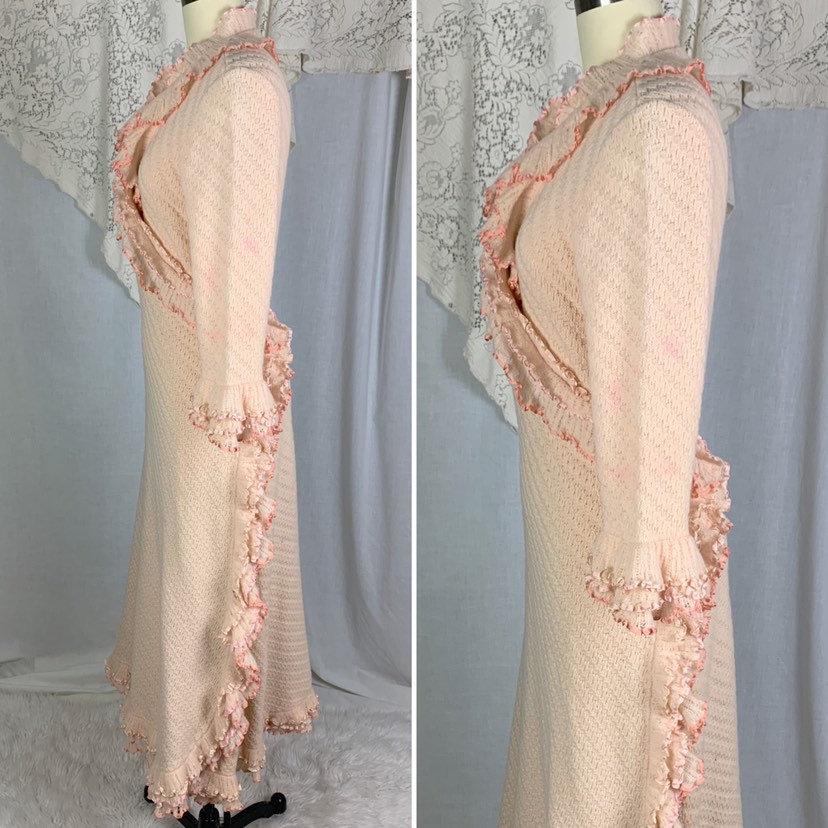 Antique 1920's Wrap Robe | Size MED | Powder Pink Knitted Wool with Silk Ribbon Ruffles | Tecla Melliz - Florence, Italy - Daggers & Dames