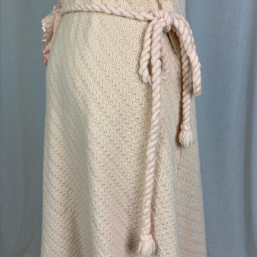 Antique 1920's Wrap Robe | Size MED | Powder Pink Knitted Wool with Silk Ribbon Ruffles | Tecla Melliz - Florence, Italy - Daggers & Dames