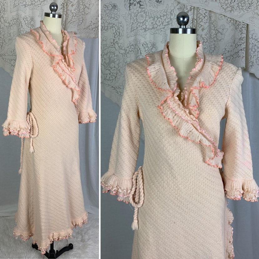 Antique 1920's Wrap Robe | Size MED | Powder Pink Knitted Wool with Silk Ribbon Ruffles | Tecla Melliz - Florence, Italy - Daggers & Dames