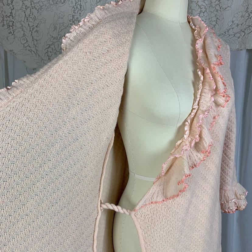 Antique 1920's Wrap Robe | Size MED | Powder Pink Knitted Wool with Silk Ribbon Ruffles | Tecla Melliz - Florence, Italy - Daggers & Dames