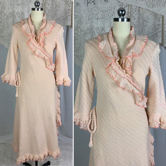 Antique 1920's Wrap Robe | Size MED | Powder Pink Knitted Wool with Silk Ribbon Ruffles | Tecla Melliz - Florence, Italy - Daggers & Dames