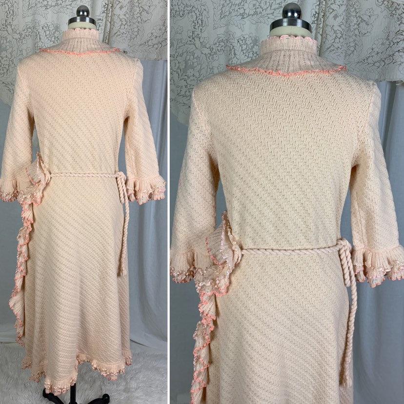 Antique 1920's Wrap Robe | Size MED | Powder Pink Knitted Wool with Silk Ribbon Ruffles | Tecla Melliz - Florence, Italy - Daggers & Dames