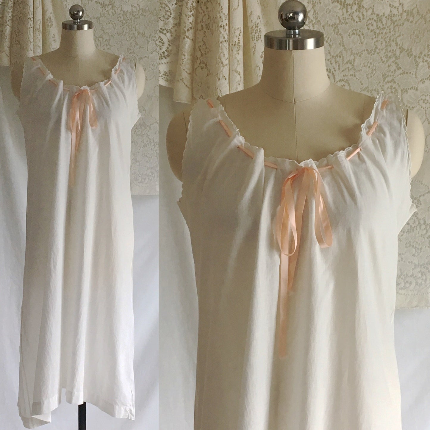 Antique Edwardian 1910's Chemise | White Cotton with Satin Ribbon & Embroidered Collar | Size SM, M, LG - Daggers & Dames