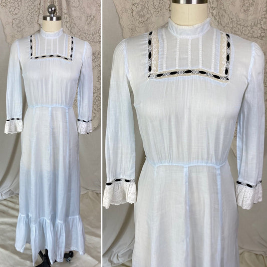 Antique Edwardian 1910's Dress | Pale Baby Blue & White Striped Cotton with Black Velvet Ribbon | Size XS - Daggers & Dames