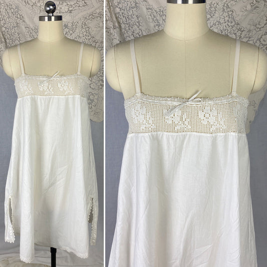 Antique Edwardian 1910's Step In Chemise | Hand Stitched White Cotton Lawn with Filet Lace & Crochet Hem | Size XS, SM, M - Daggers & Dames