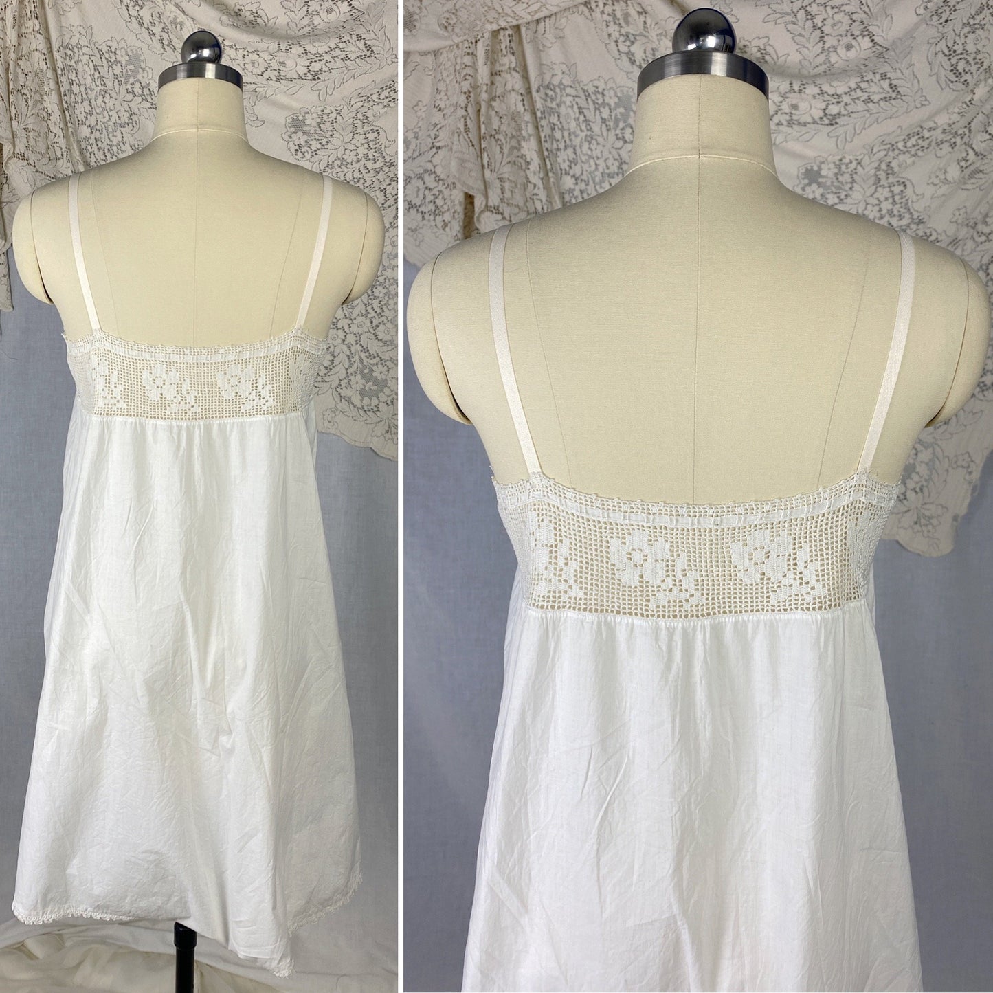 Antique Edwardian 1910's Step In Chemise | Hand Stitched White Cotton Lawn with Filet Lace & Crochet Hem | Size XS, SM, M - Daggers & Dames