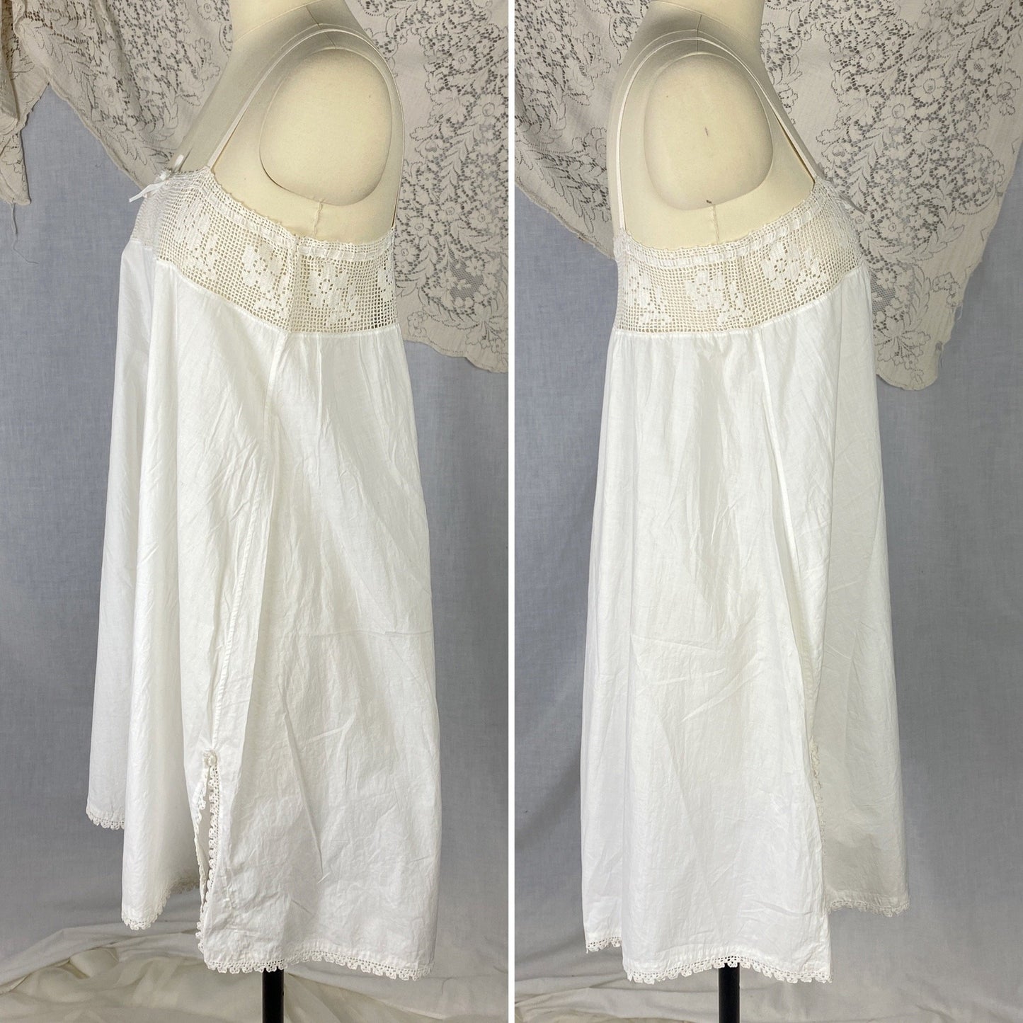 Antique Edwardian 1910's Step In Chemise | Hand Stitched White Cotton Lawn with Filet Lace & Crochet Hem | Size XS, SM, M - Daggers & Dames