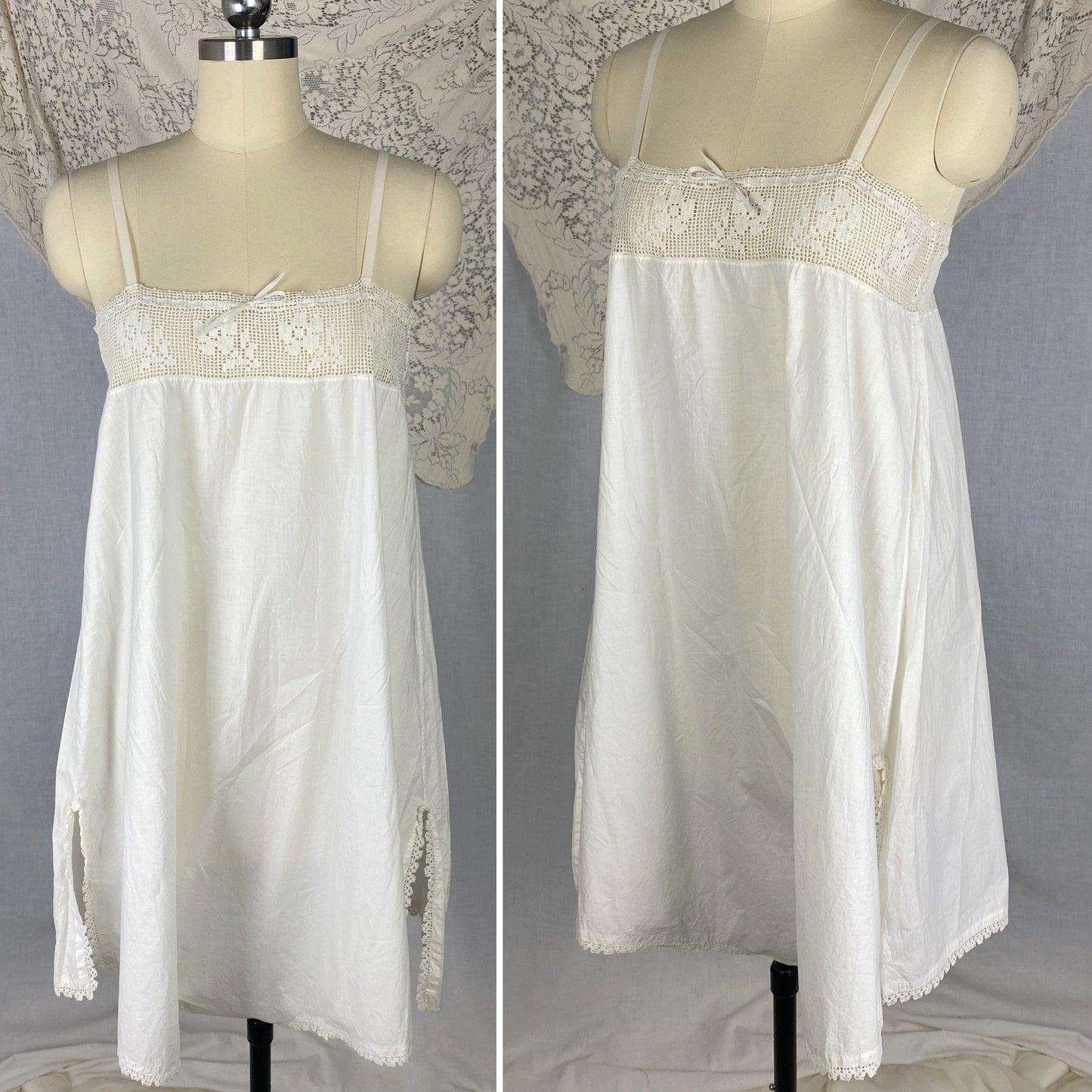 Antique Edwardian 1910's Step In Chemise | Hand Stitched White Cotton Lawn with Filet Lace & Crochet Hem | Size XS, SM, M - Daggers & Dames