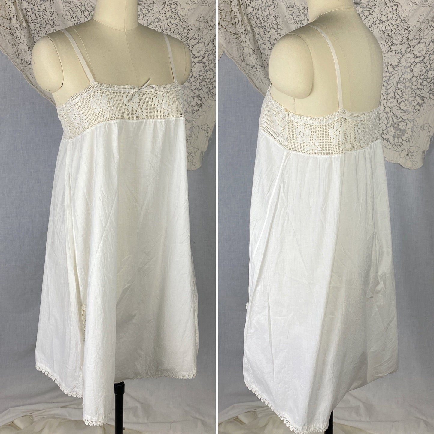 Antique Edwardian 1910's Step In Chemise | Hand Stitched White Cotton Lawn with Filet Lace & Crochet Hem | Size XS, SM, M - Daggers & Dames