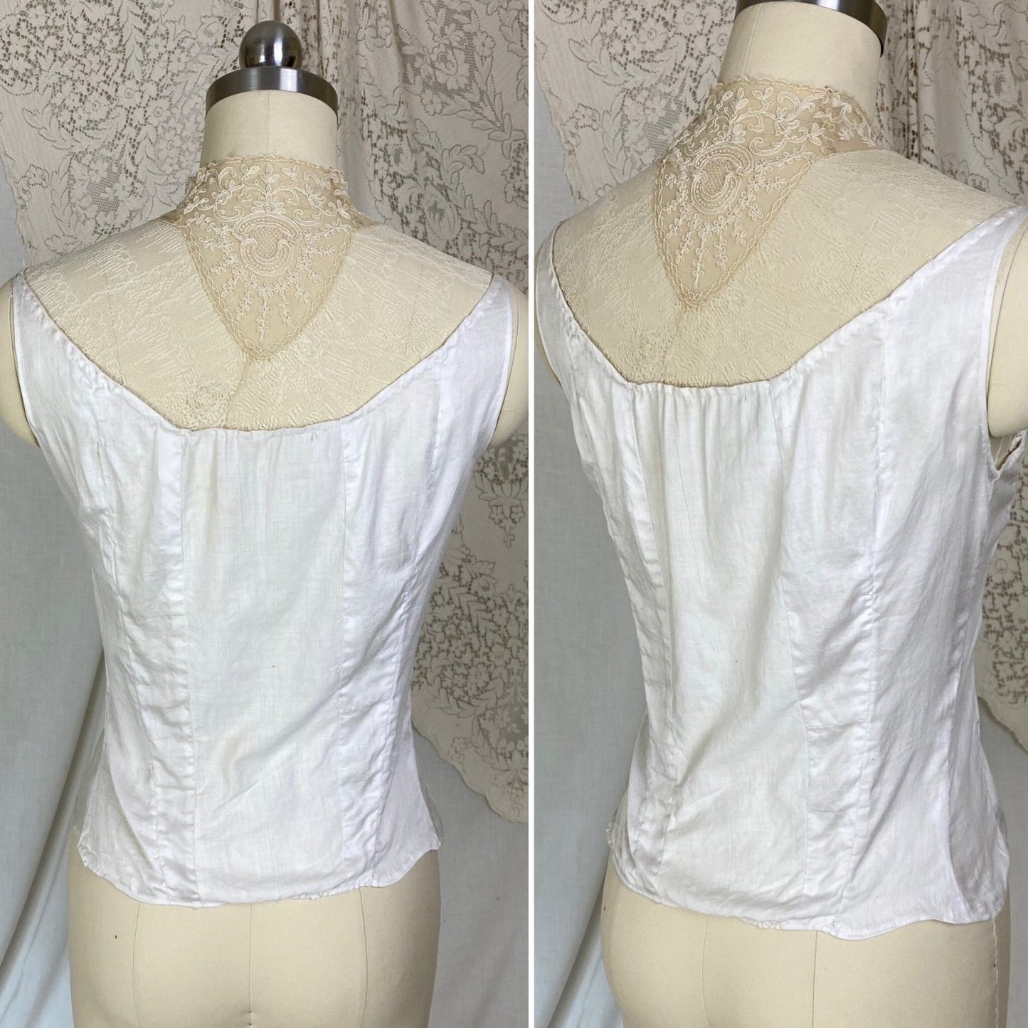 Antique Edwardian Dickie Camisole | Soft White Cotton with Ecru Embroidered Lace | Size XS - Daggers & Dames