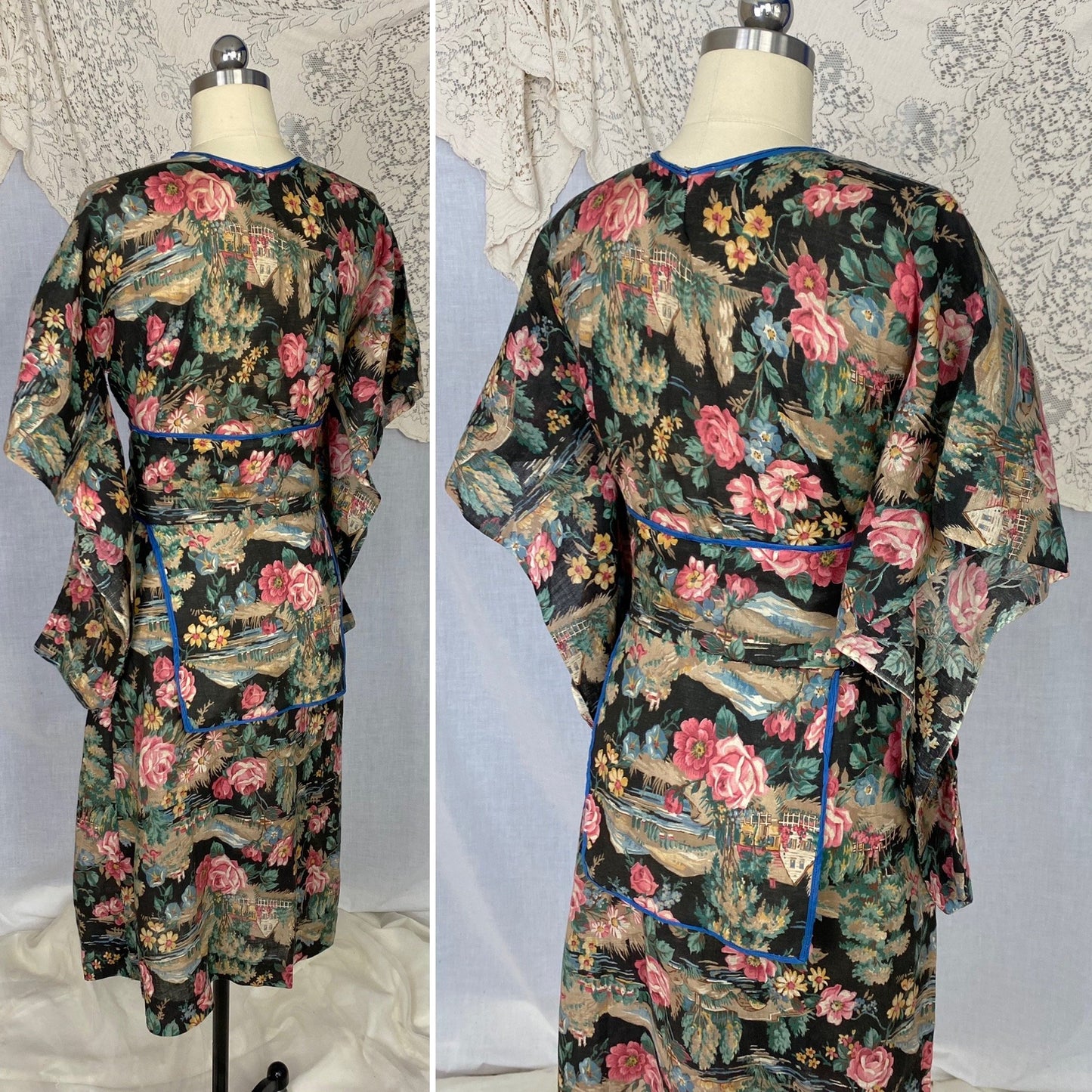 Antique Victorian 1900's Kimono Style Robe | Black with Bright Floral Scenic Print Cotton | Size XS - Daggers & Dames