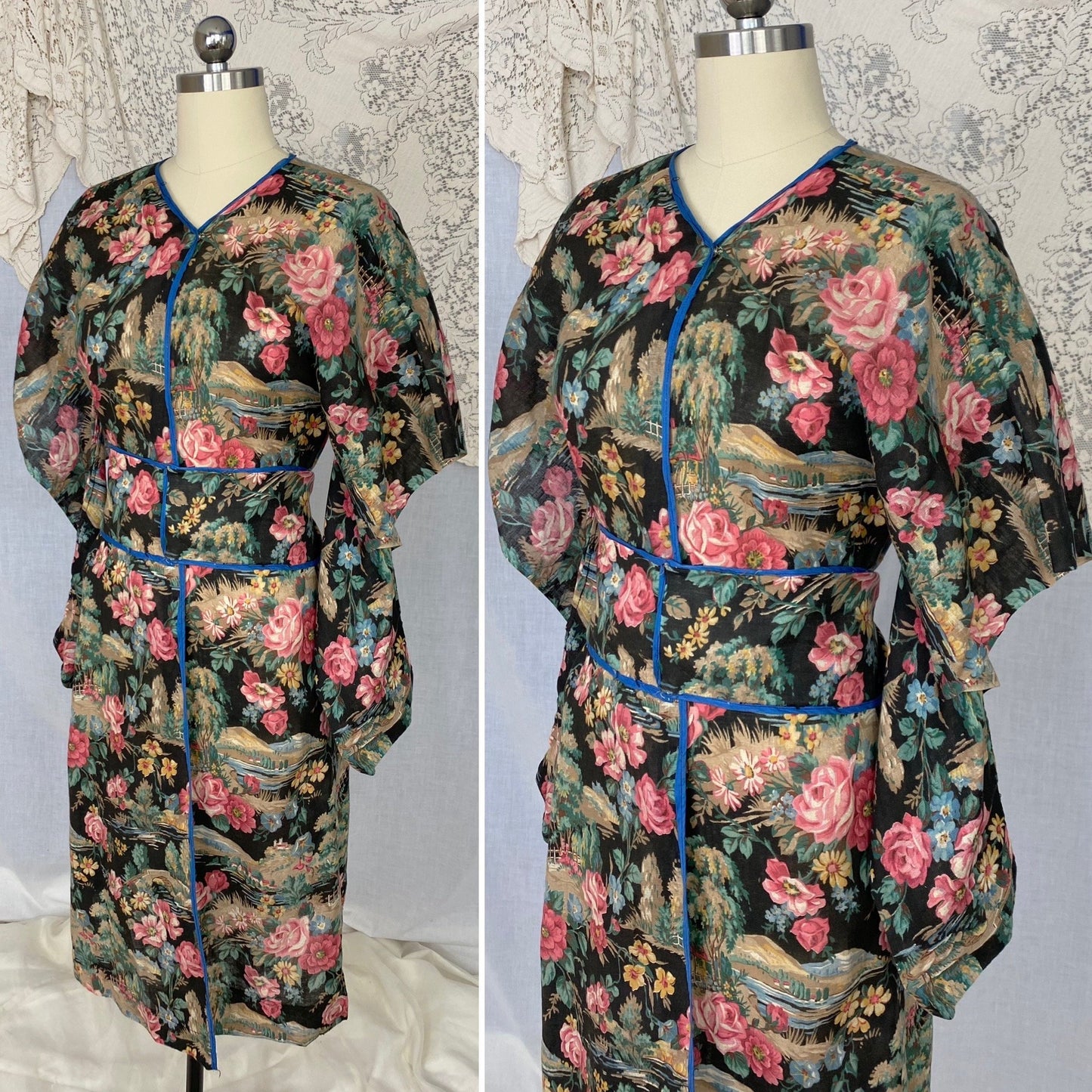 Antique Victorian 1900's Kimono Style Robe | Black with Bright Floral Scenic Print Cotton | Size XS - Daggers & Dames