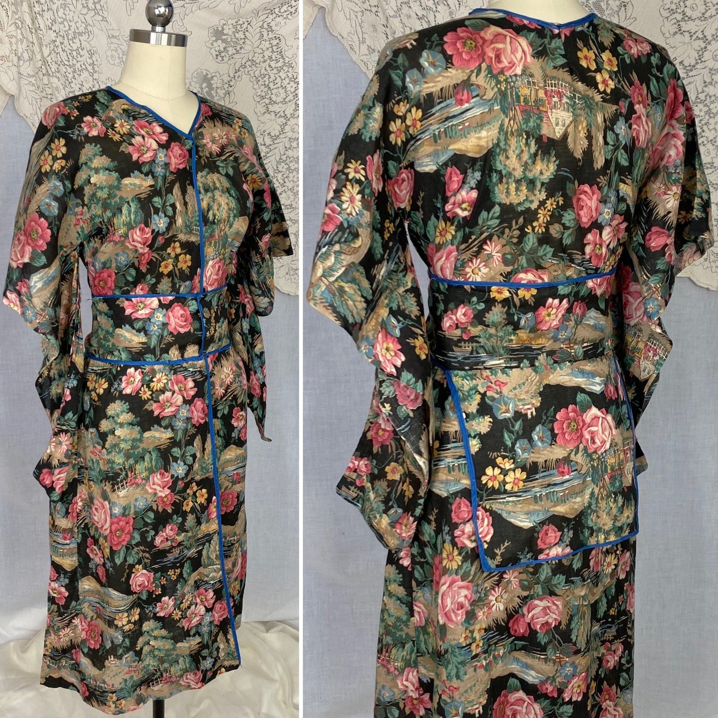 Antique Victorian 1900's Kimono Style Robe | Black with Bright Floral Scenic Print Cotton | Size XS - Daggers & Dames