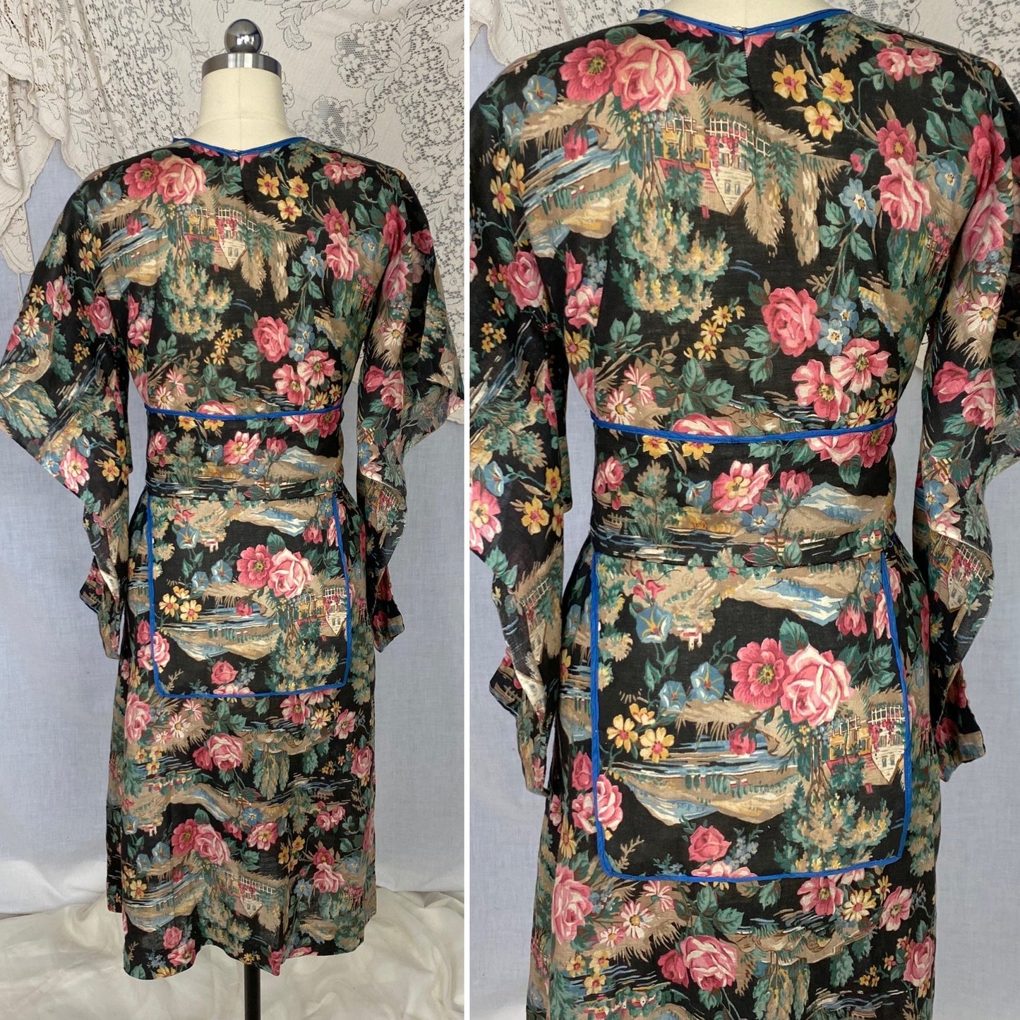 Antique Victorian 1900's Kimono Style Robe | Black with Bright Floral Scenic Print Cotton | Size XS - Daggers & Dames