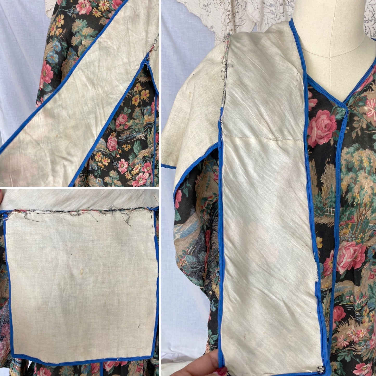 Antique Victorian 1900's Kimono Style Robe | Black with Bright Floral Scenic Print Cotton | Size XS - Daggers & Dames