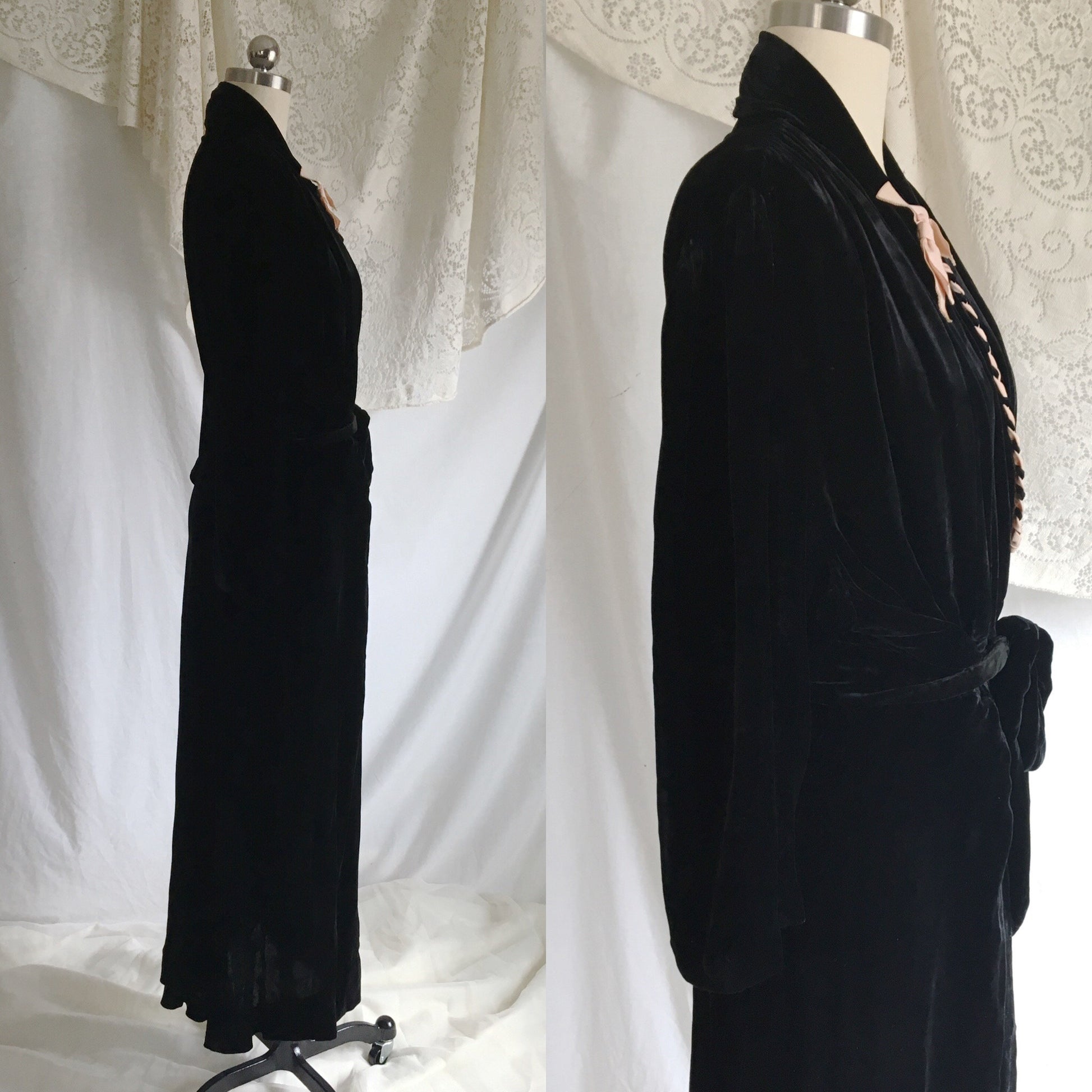 Vintage 1940's Dressing Gown | Black Silk Velvet with Powder Pink Ribbon | Bias Cut Step In Robe | Size S, M, LG