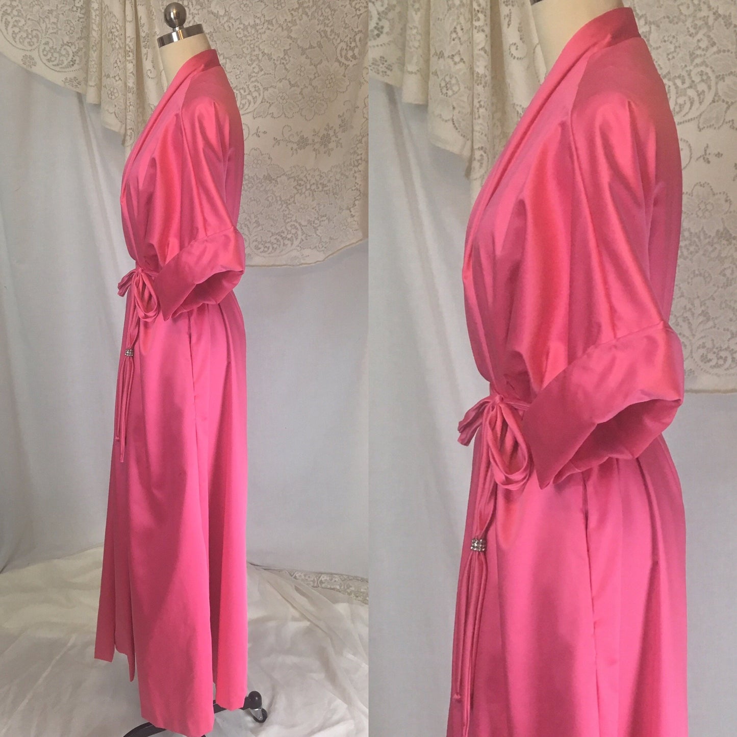 Vintage 1960's Robe | Hot Pink Satin with Lime Green Nylon & Rhinestone Sash | Lucie Ann, Beverly Hills | Size Free