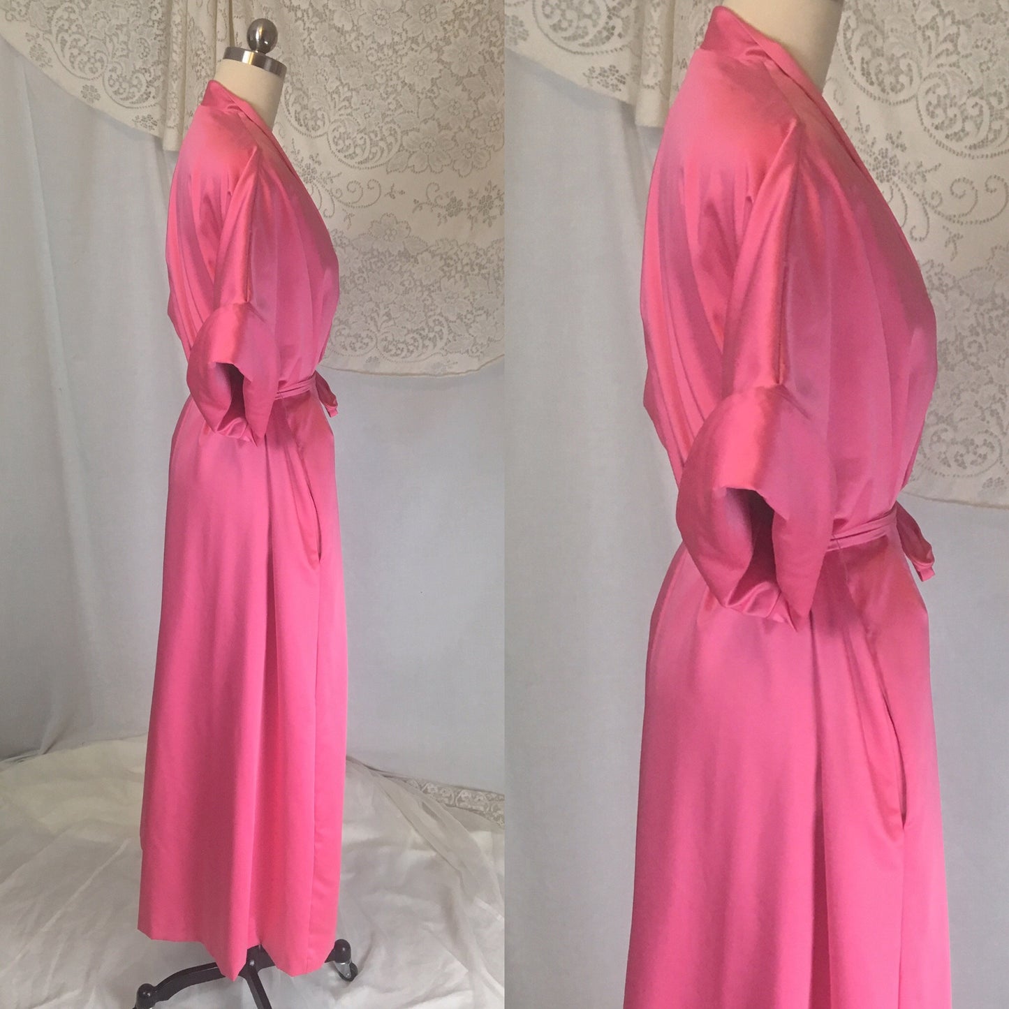Vintage 1960's Robe | Hot Pink Satin with Lime Green Nylon & Rhinestone Sash | Lucie Ann, Beverly Hills | Size Free