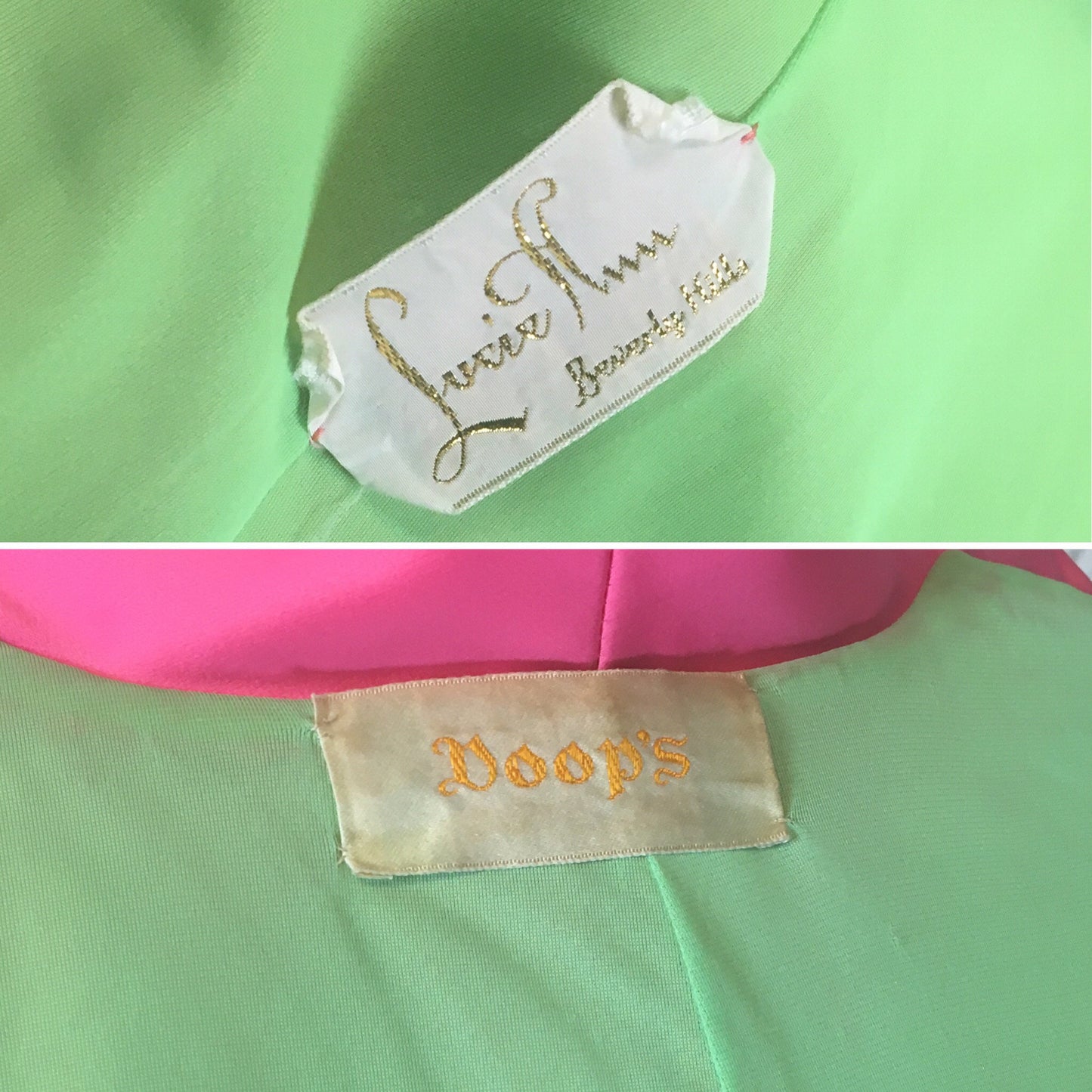 Vintage 1960's Robe | Hot Pink Satin with Lime Green Nylon & Rhinestone Sash | Lucie Ann, Beverly Hills | Size Free