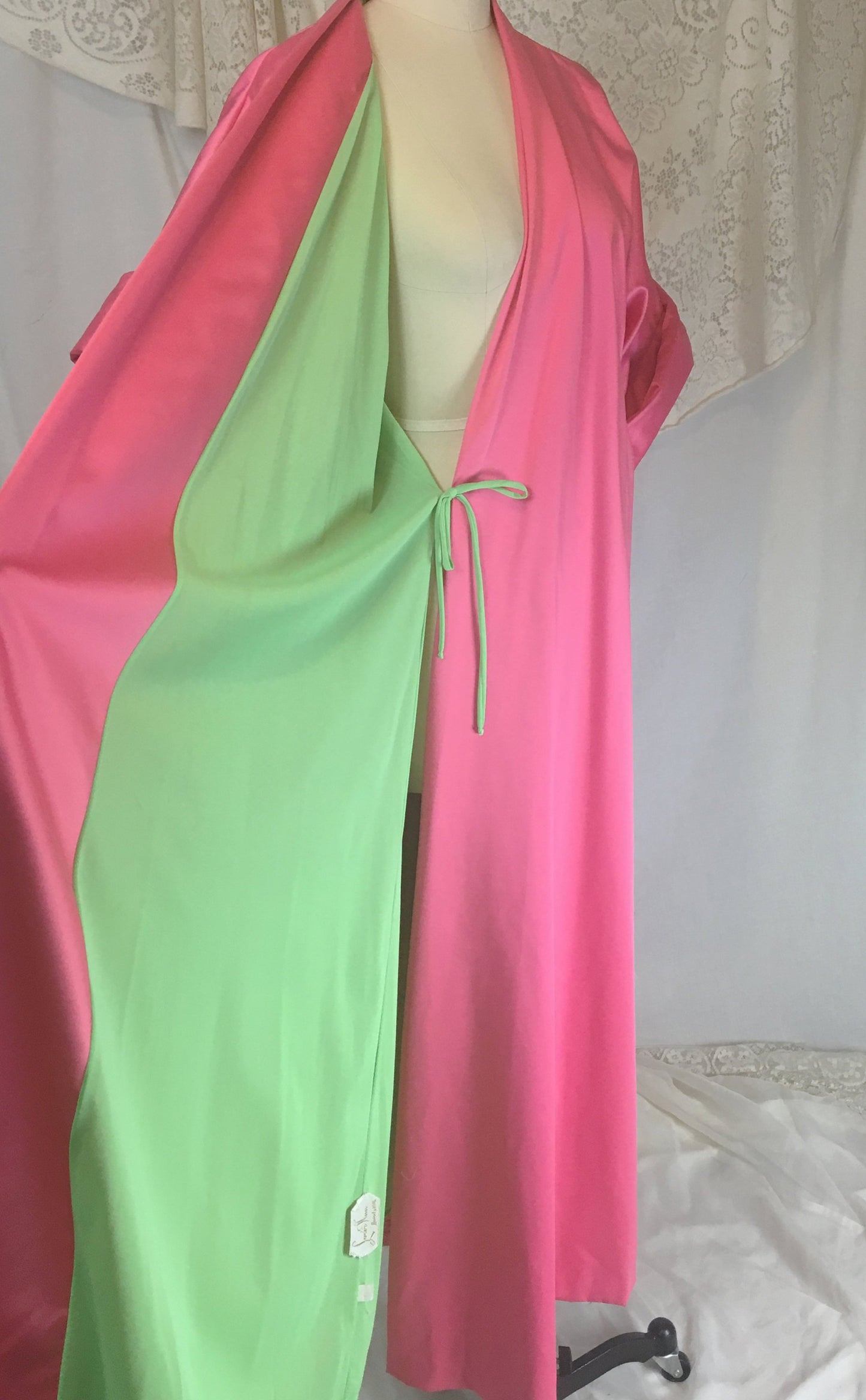 Vintage 1960's Robe | Hot Pink Satin with Lime Green Nylon & Rhinestone Sash | Lucie Ann, Beverly Hills | Size Free